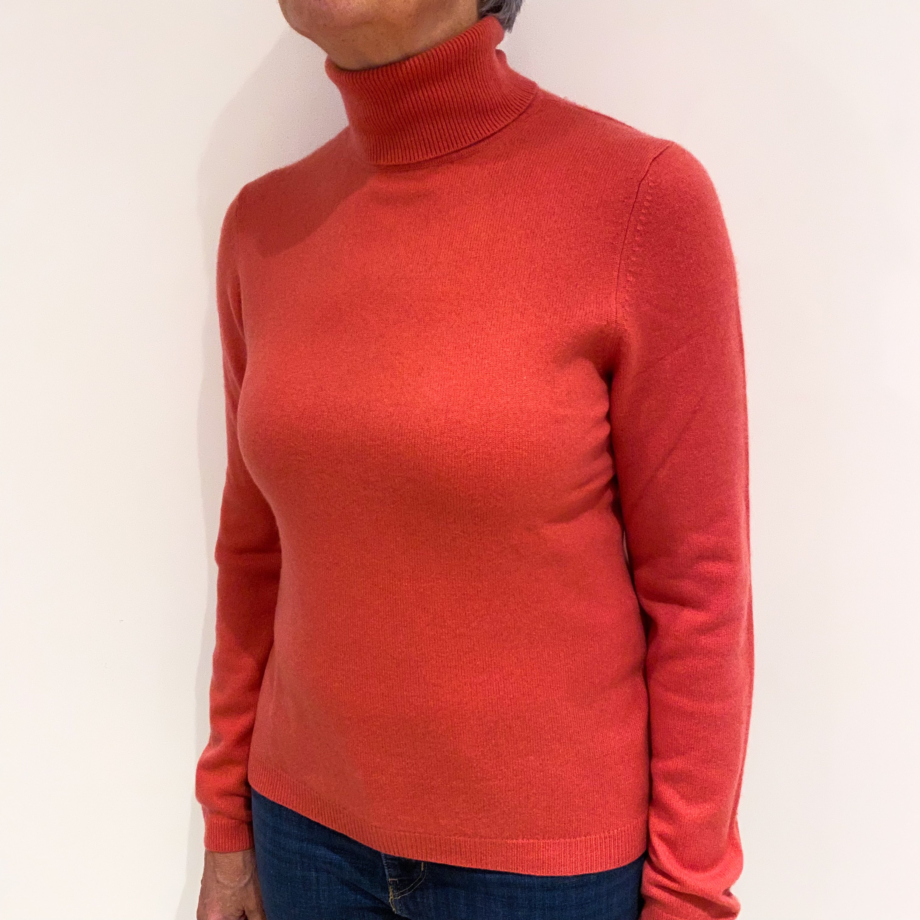 Deep Coral Pink Cashmere Polo Neck Jumper Medium