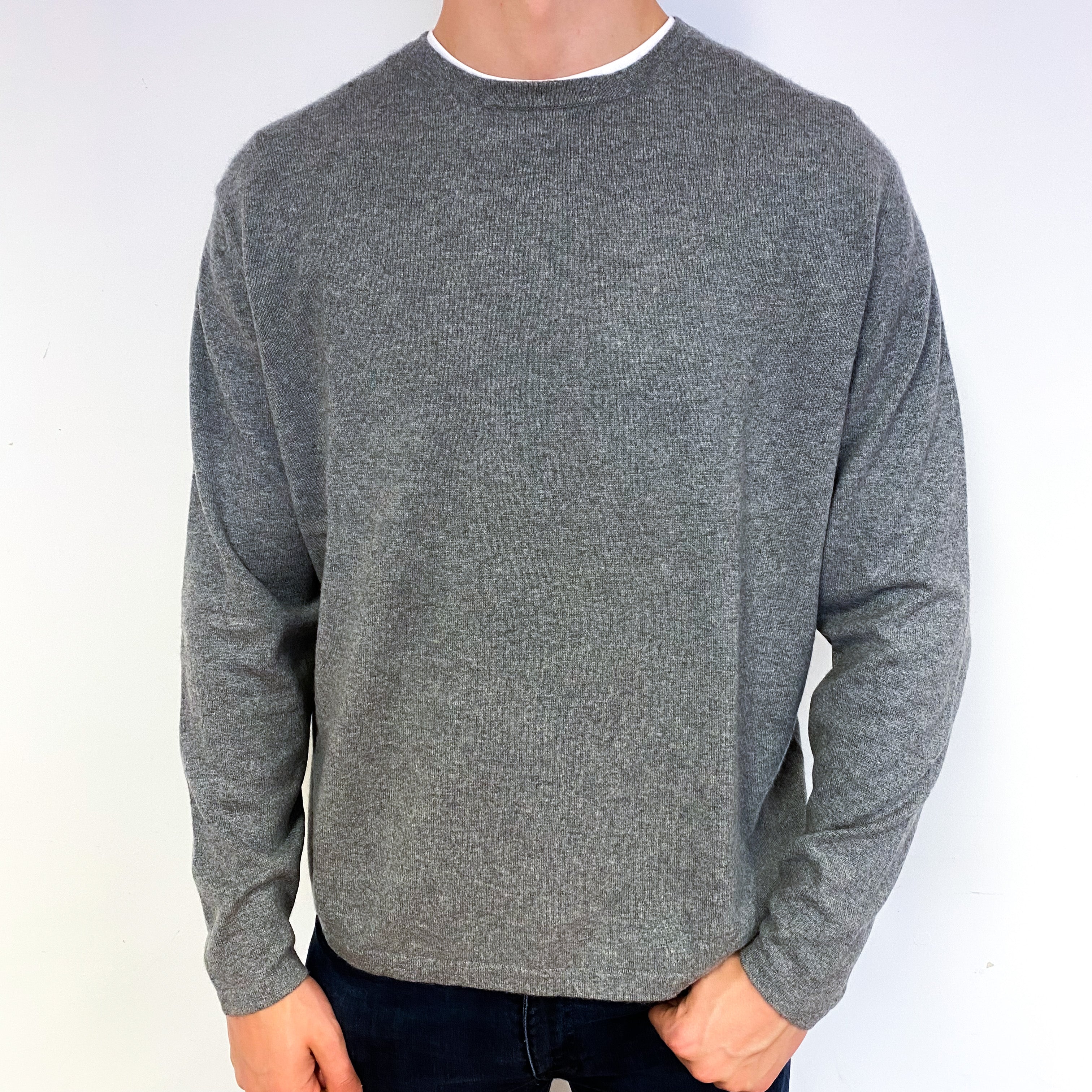 Men's Ash Grey Cashmere Crew Neck Jumper Extra Large
