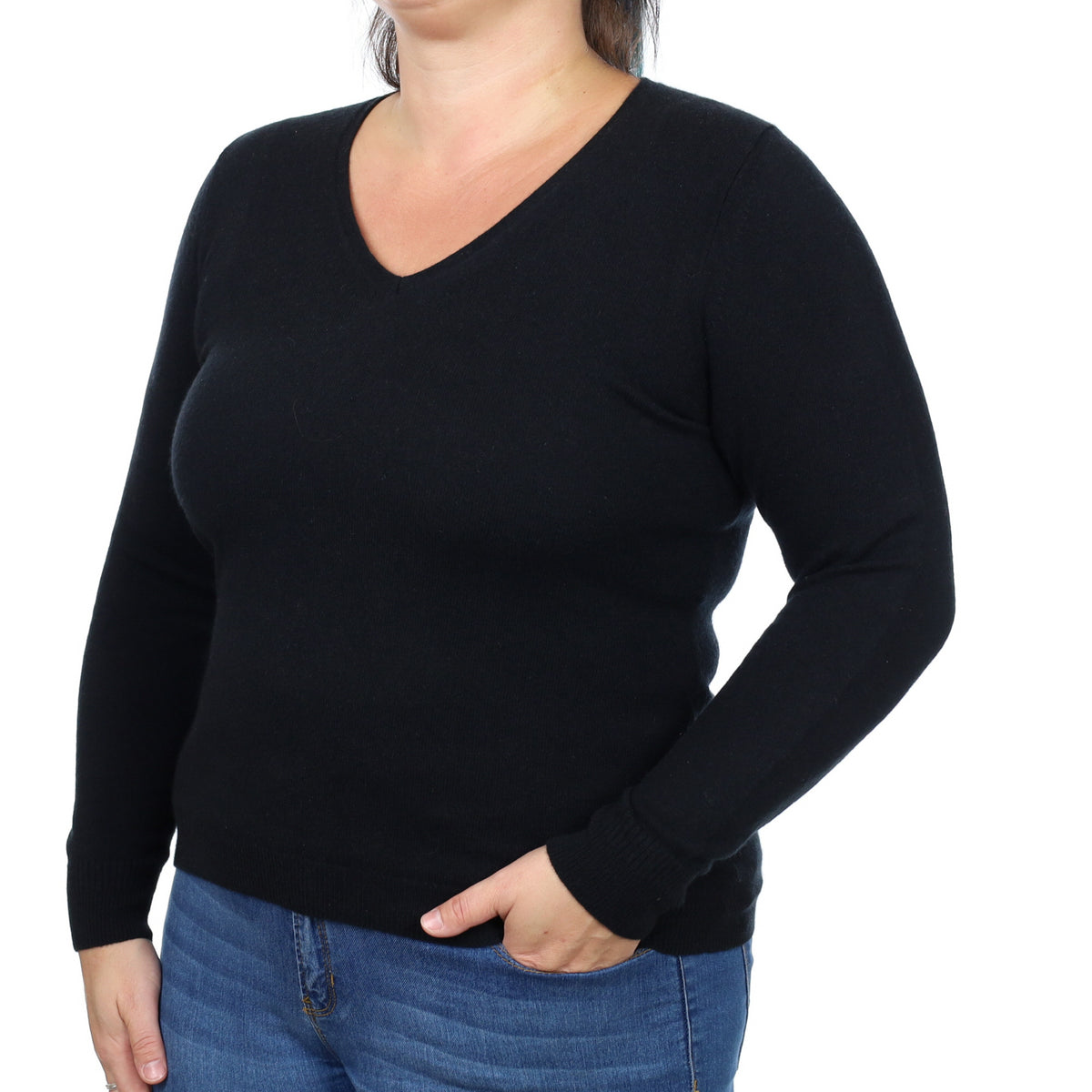 Black Cashmere V Neck Jumper Large