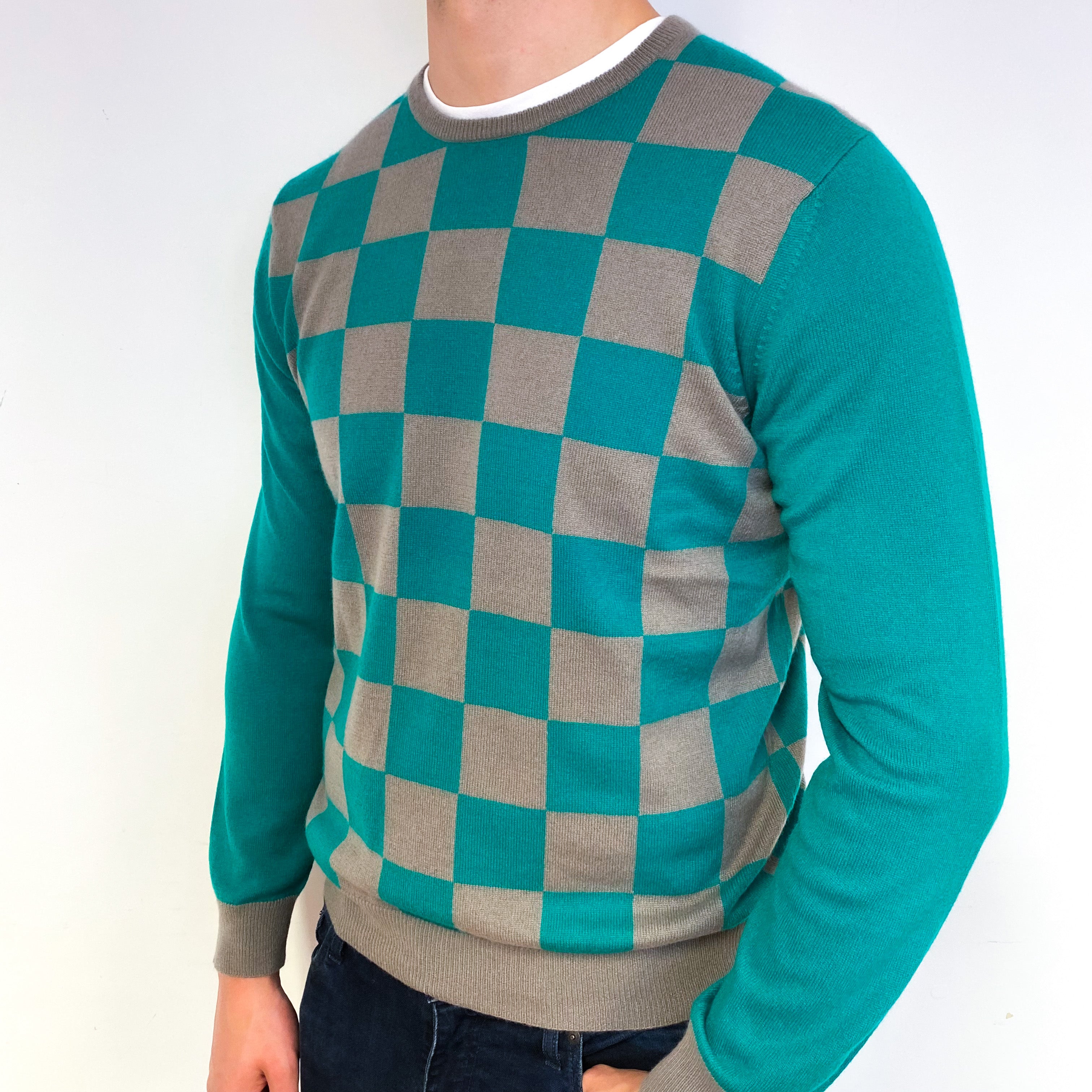 Men's Mocha Green Checked Cashmere Crew Neck Jumper Extra Large