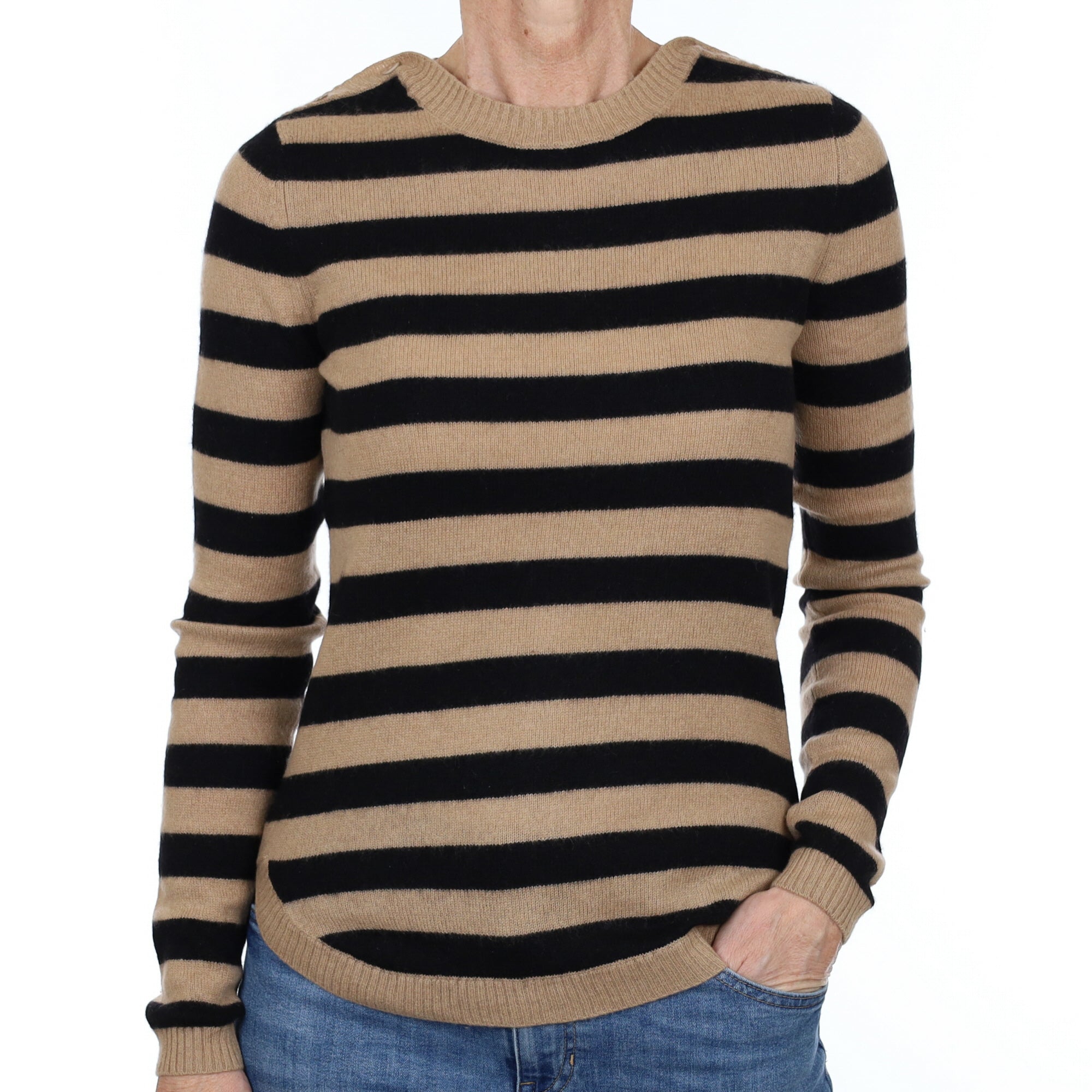Camel and Black Stripe Cashmere Crew Neck Jumper Small