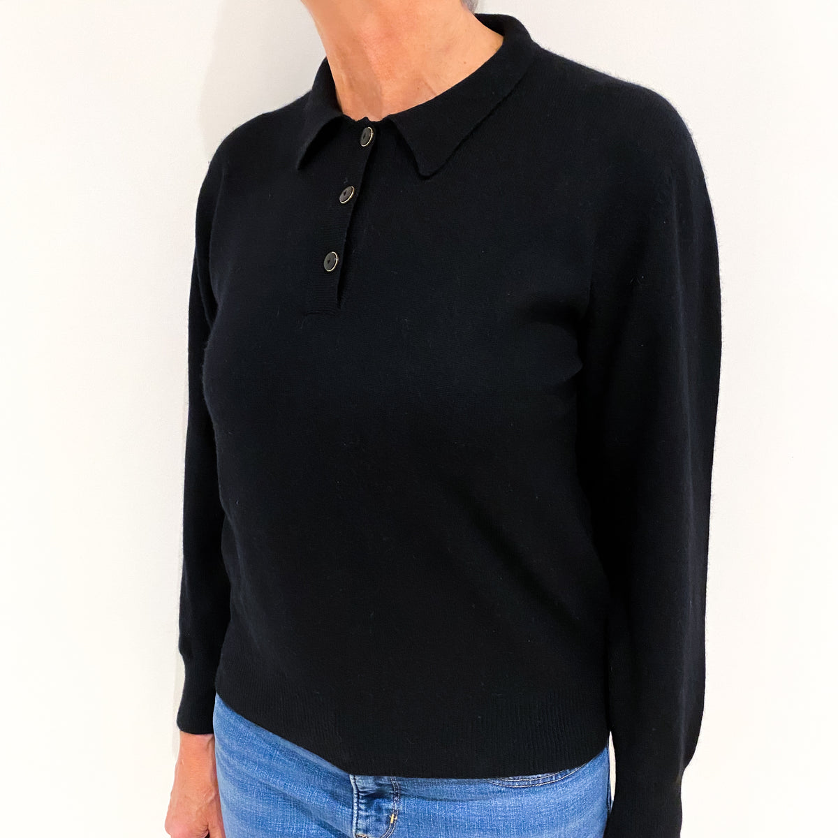 Black Cashmere Collared 1/4 Button Jumper Medium