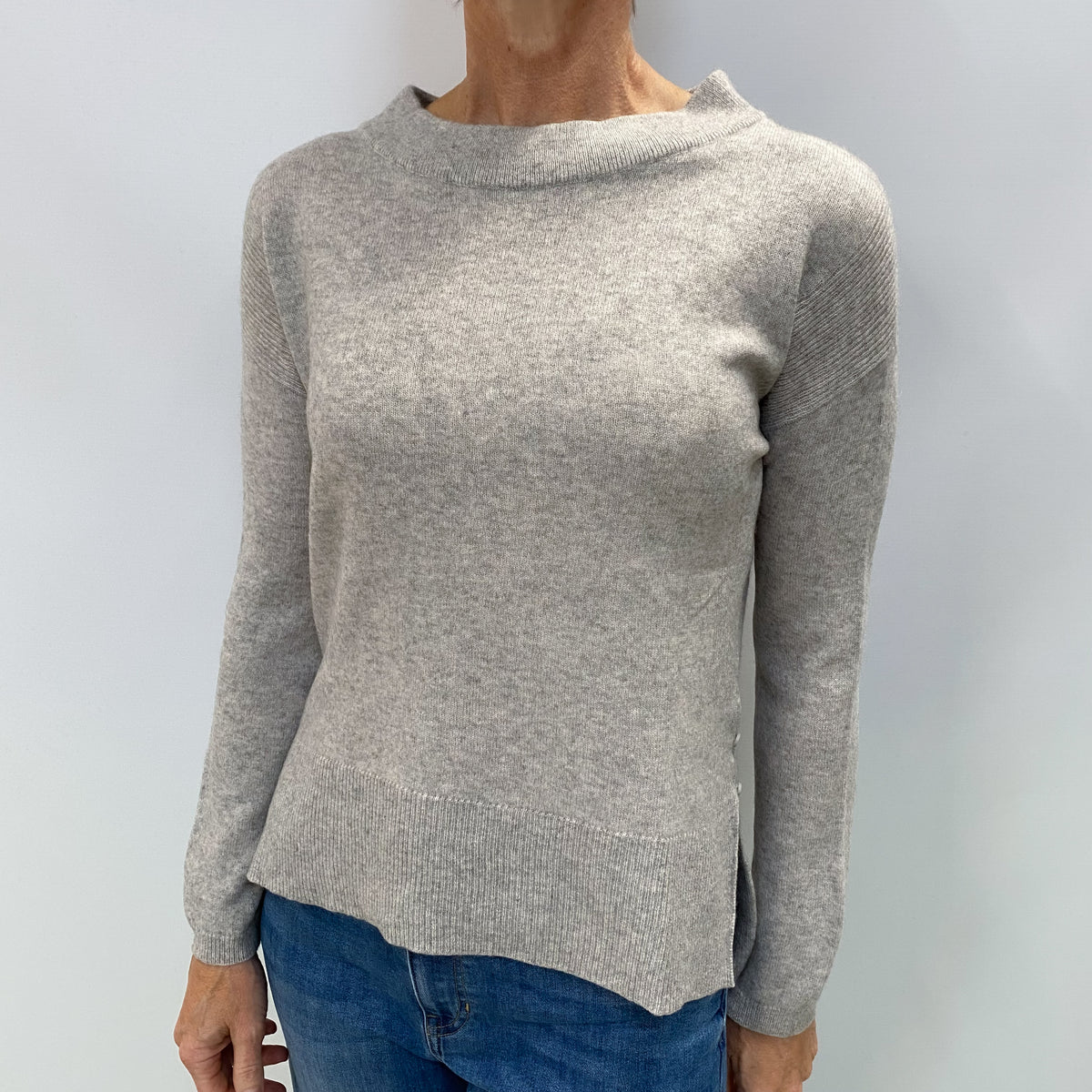 Mist Grey Cashmere High Crew Neck Jumper Small