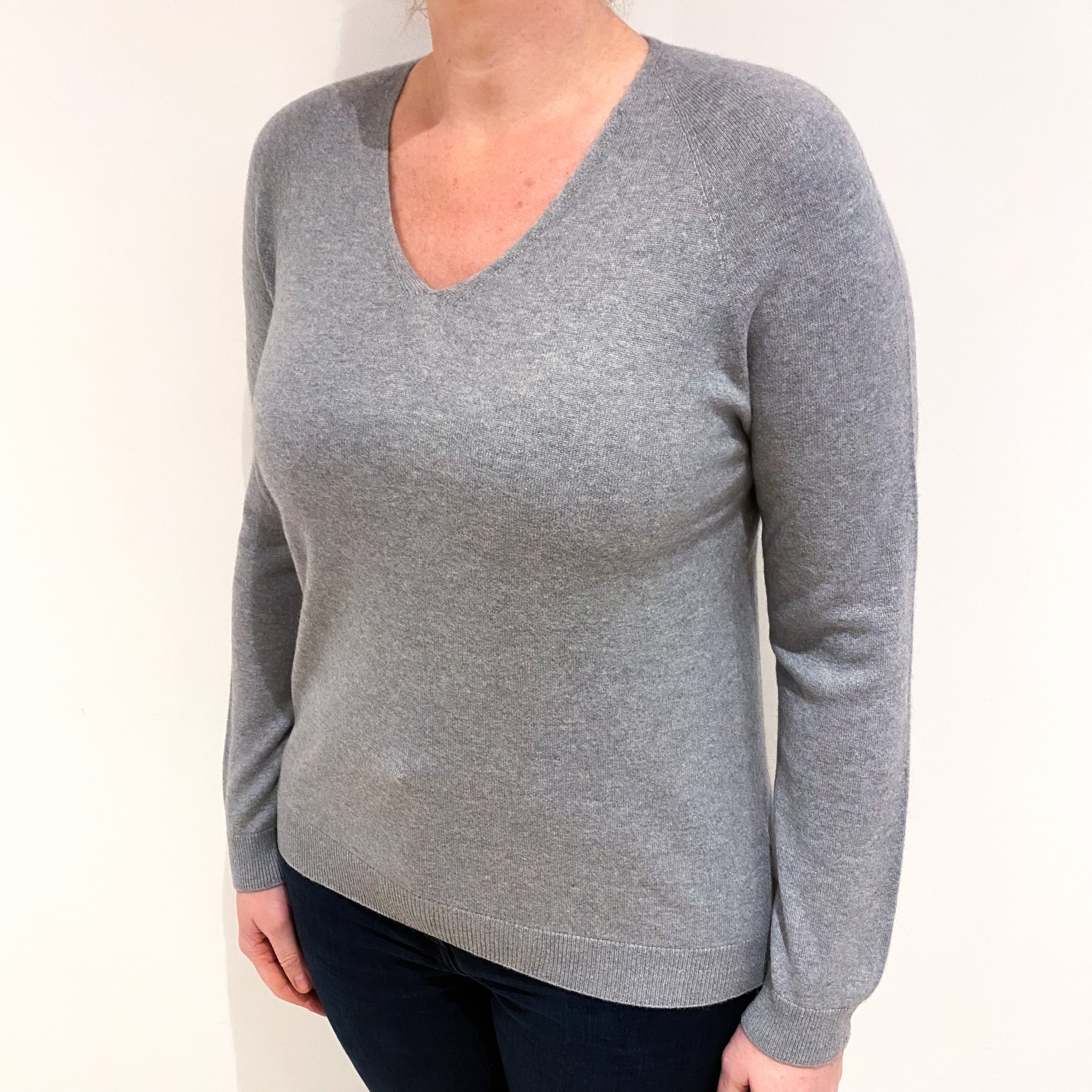 Steel Grey Cashmere V Neck Jumper Large