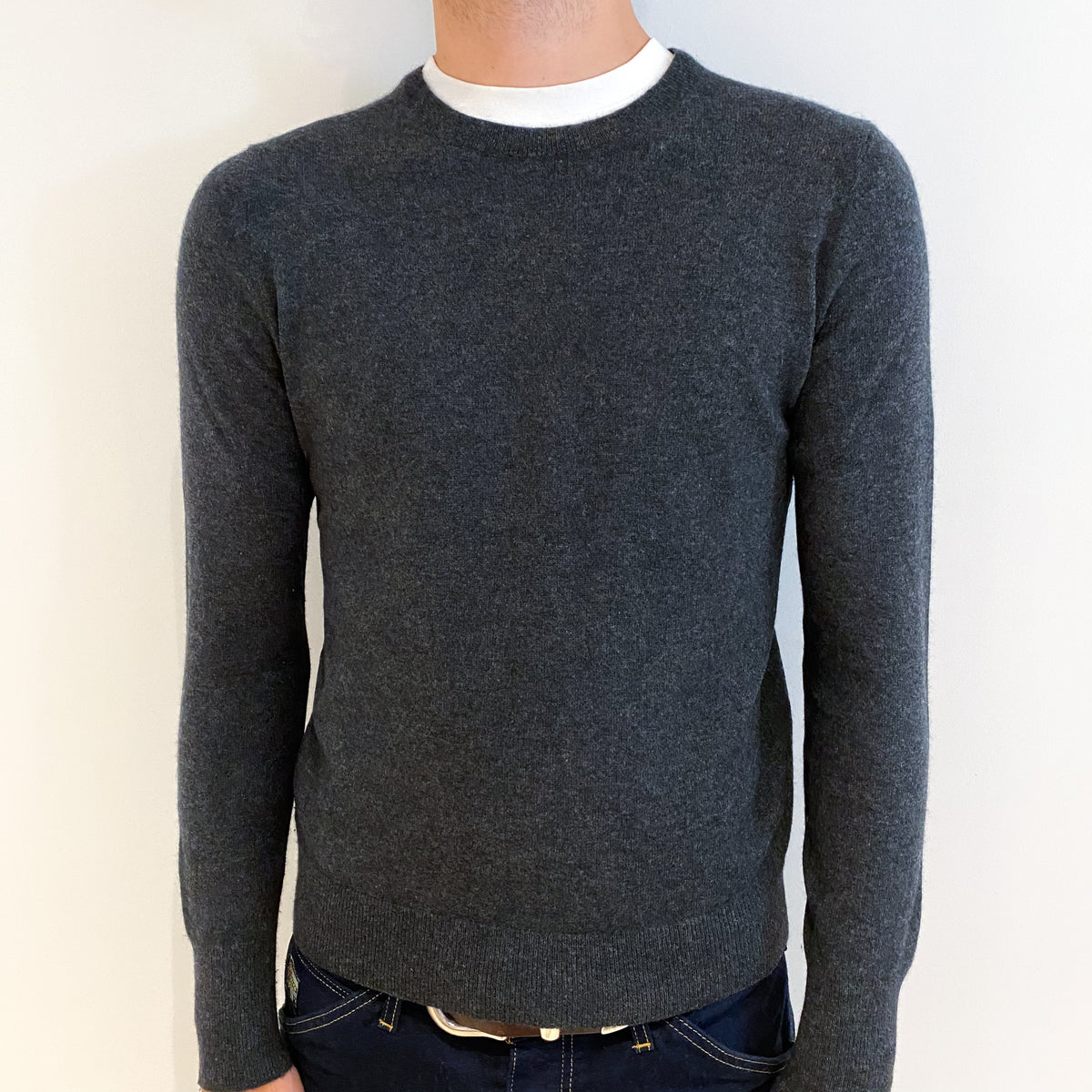 Men's Charcoal Grey Cashmere Crew Neck Jumper Medium