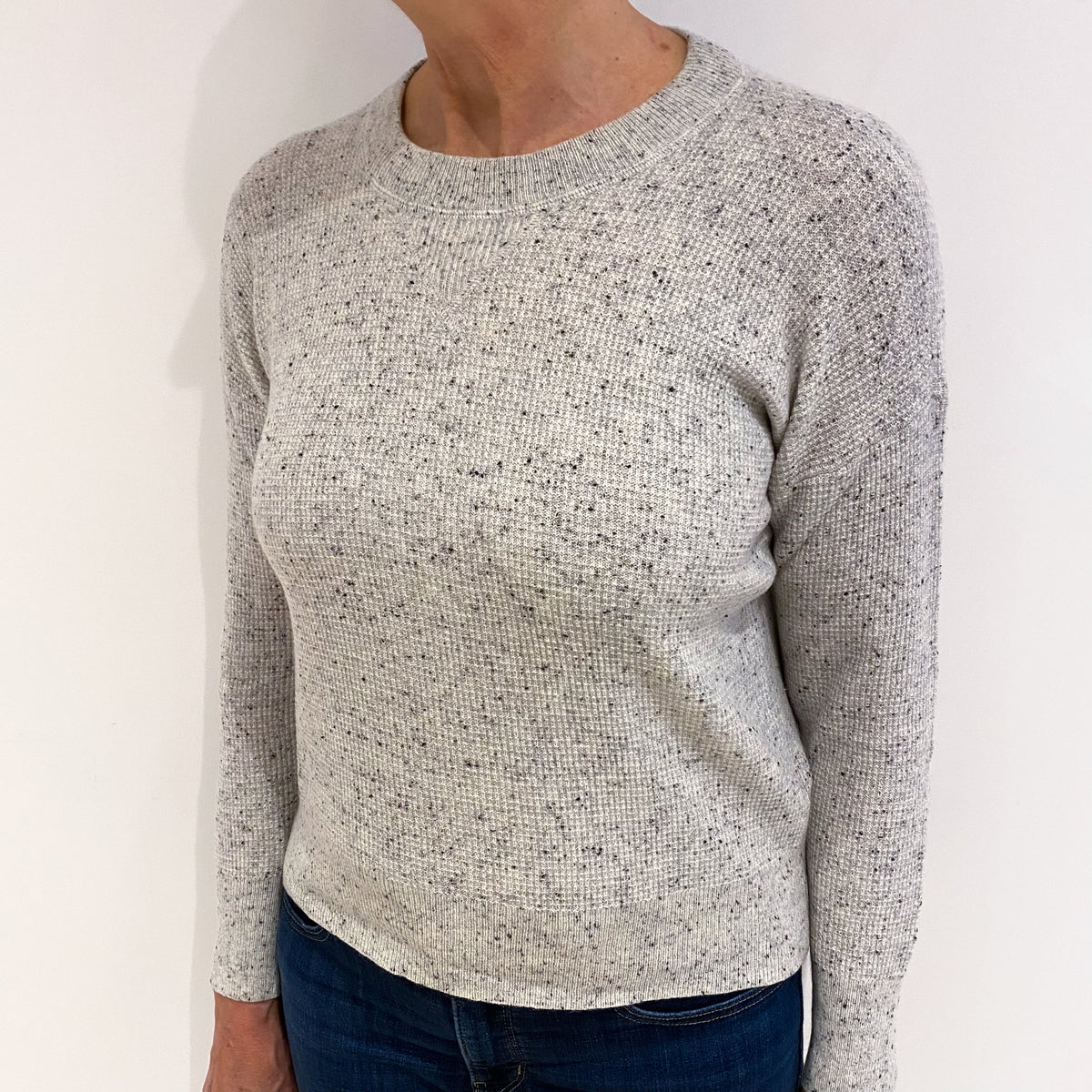 Grey Flecked Waffle Cashmere Crew Neck Jumper Medium