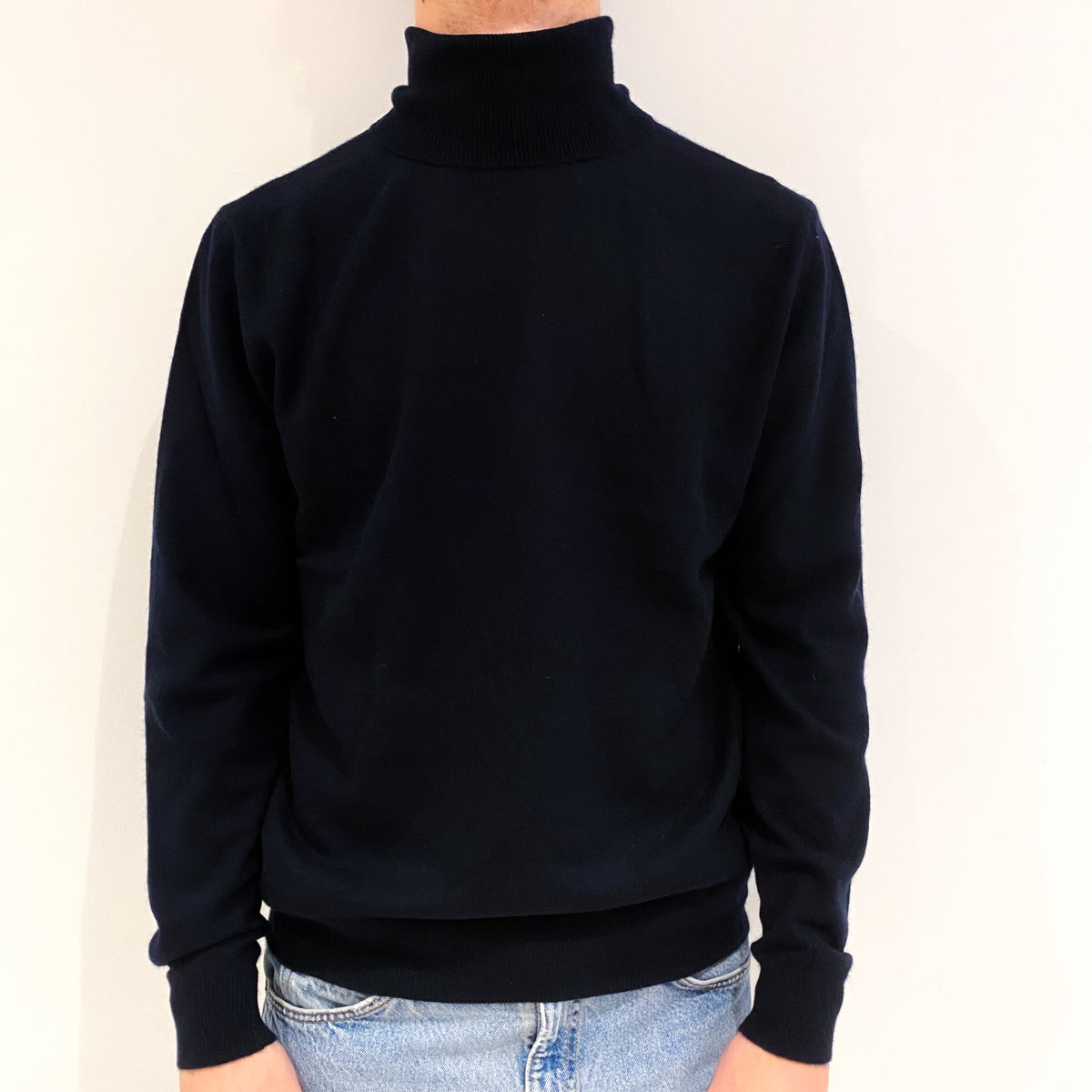 Men's Dark Navy Blue Cashmere Polo Neck Jumper Large