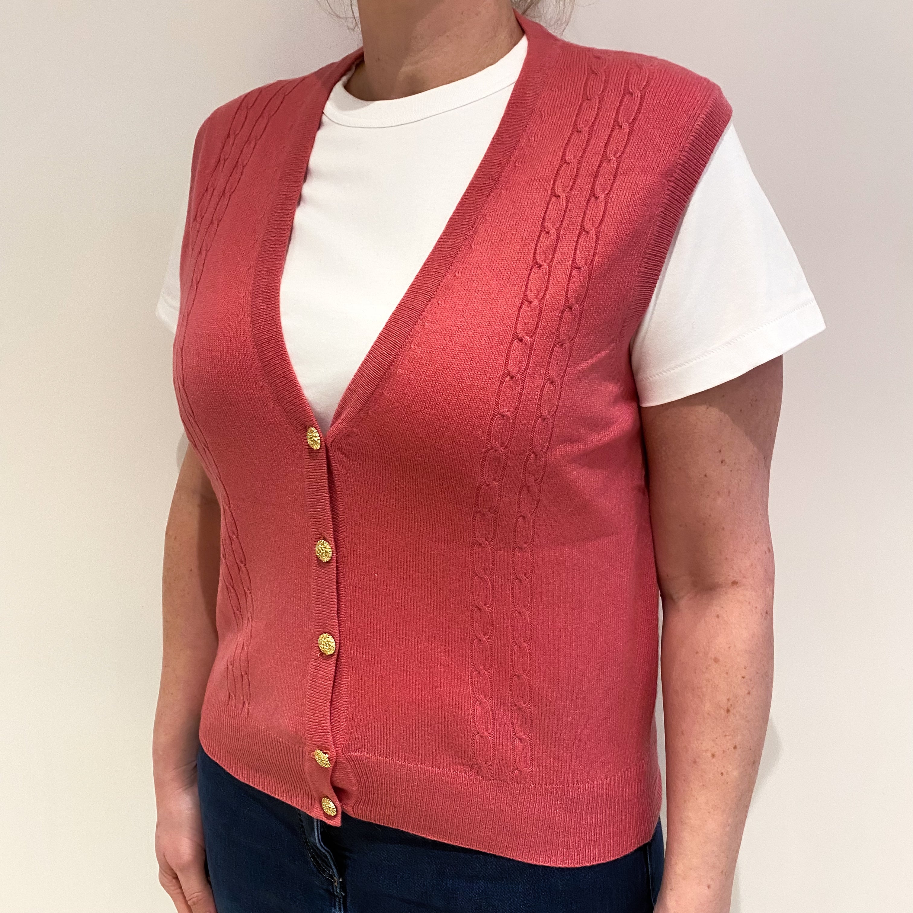 Loganberry Pink Cable Detail Cashmere V Neck Gilet Large