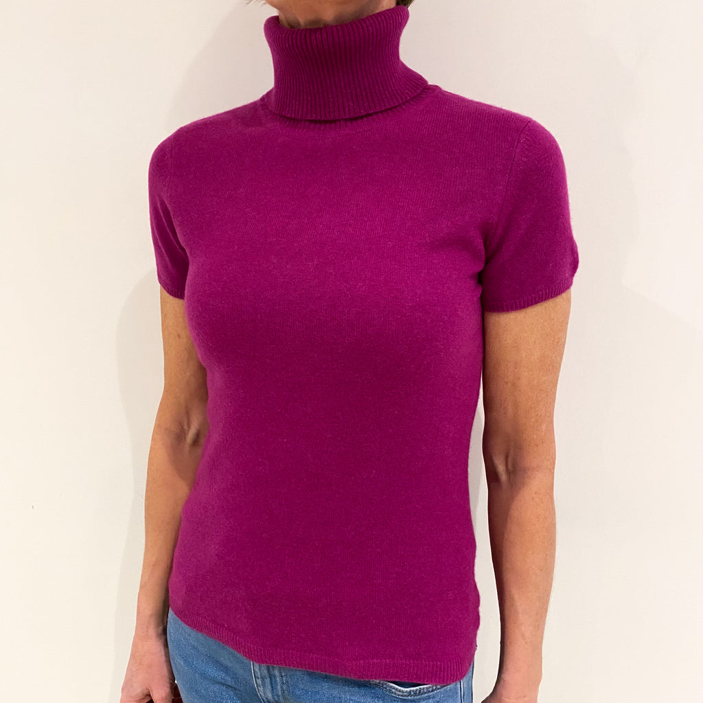 Magenta Purple Cashmere Short Sleeved Polo Neck Jumper Small