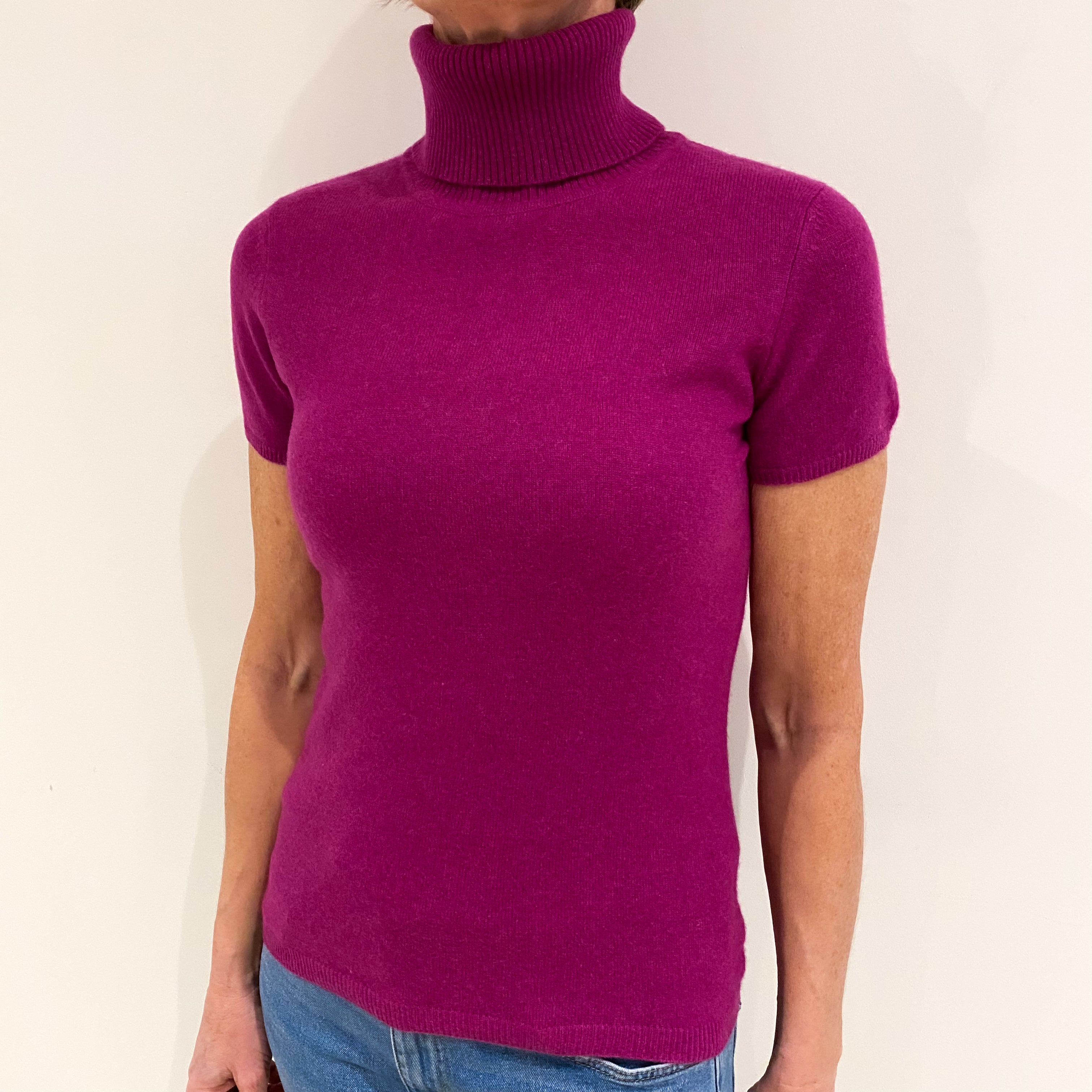 Magenta Purple Cashmere Short Sleeved Polo Neck Jumper Small