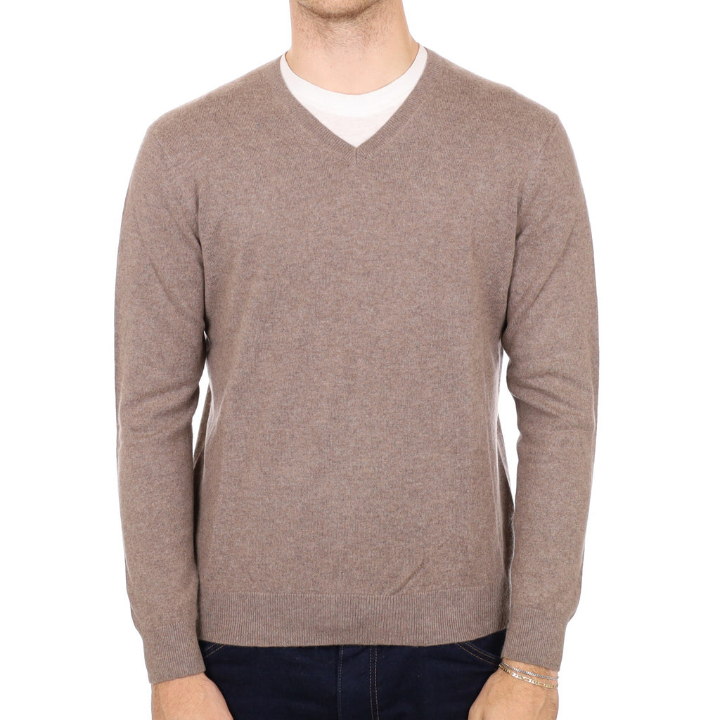 Men's Mocha Brown Cashmere V Neck Jumper Medium