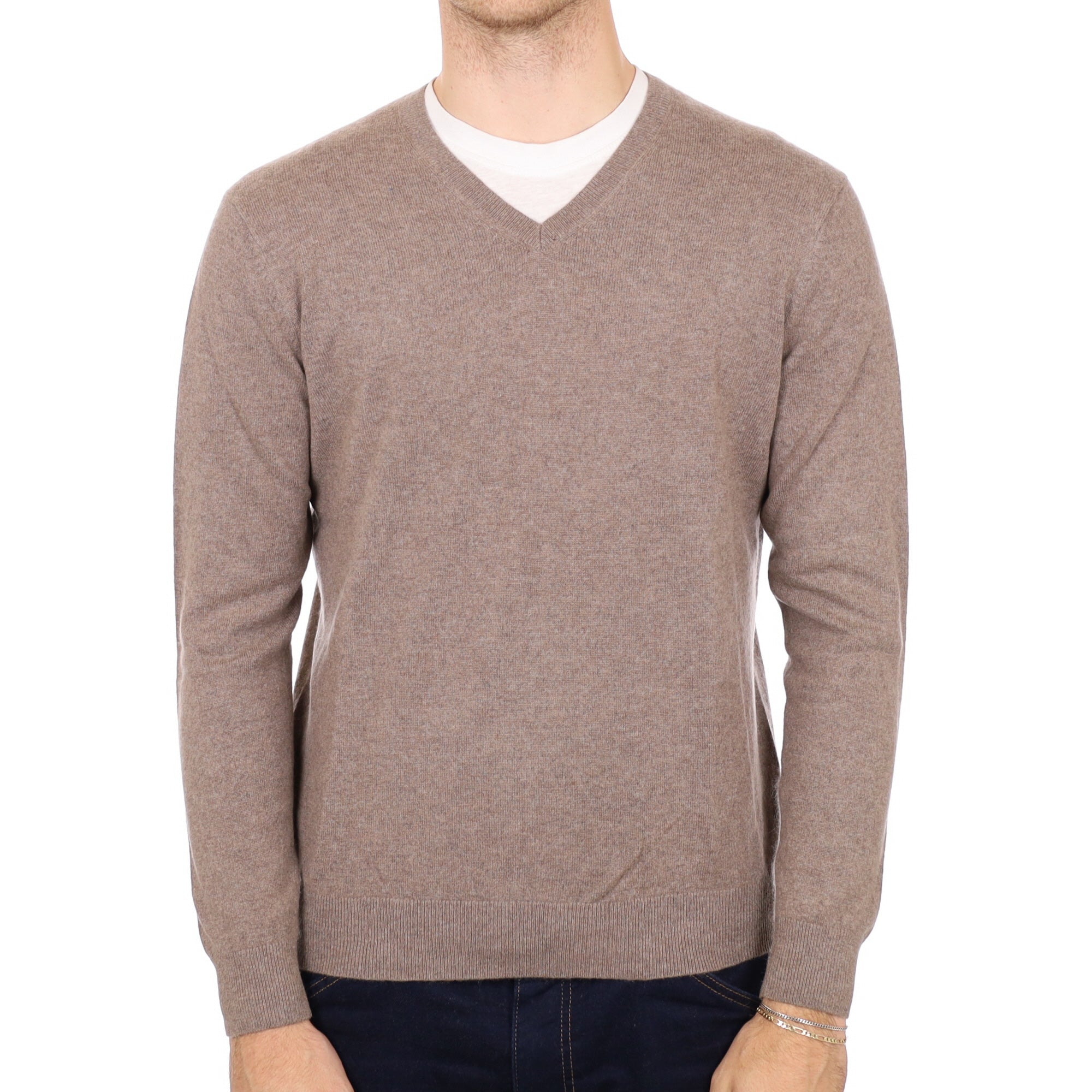 Men's Mocha Brown Cashmere V Neck Jumper Medium