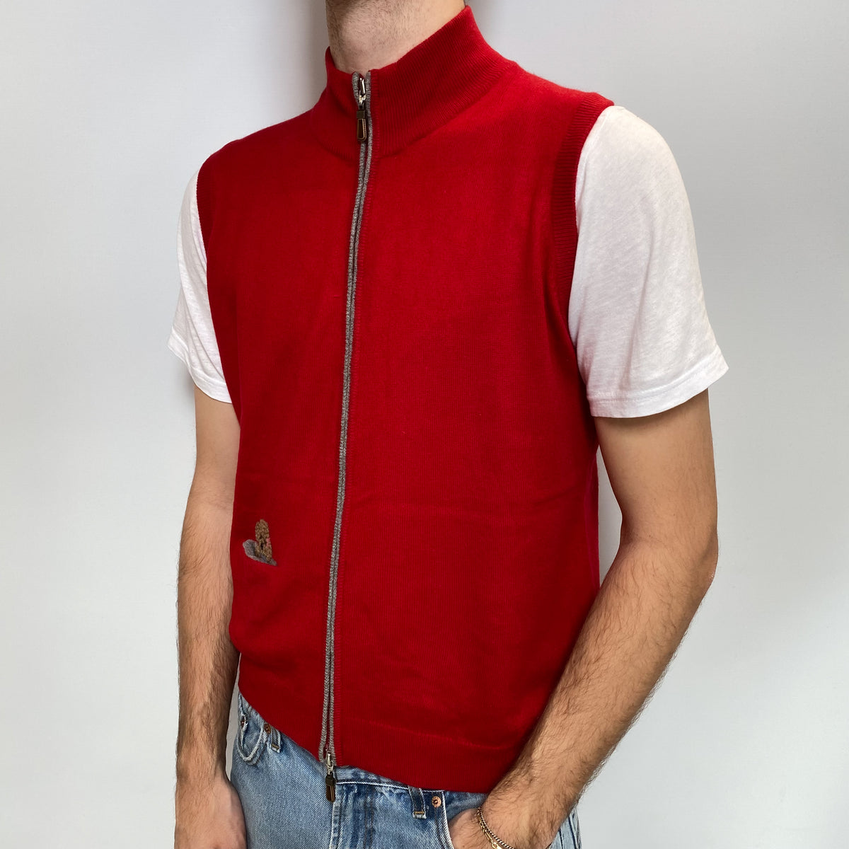 Men's Red Poodle Motif Cashmere Sleeveless Zip Up Cardigan Large