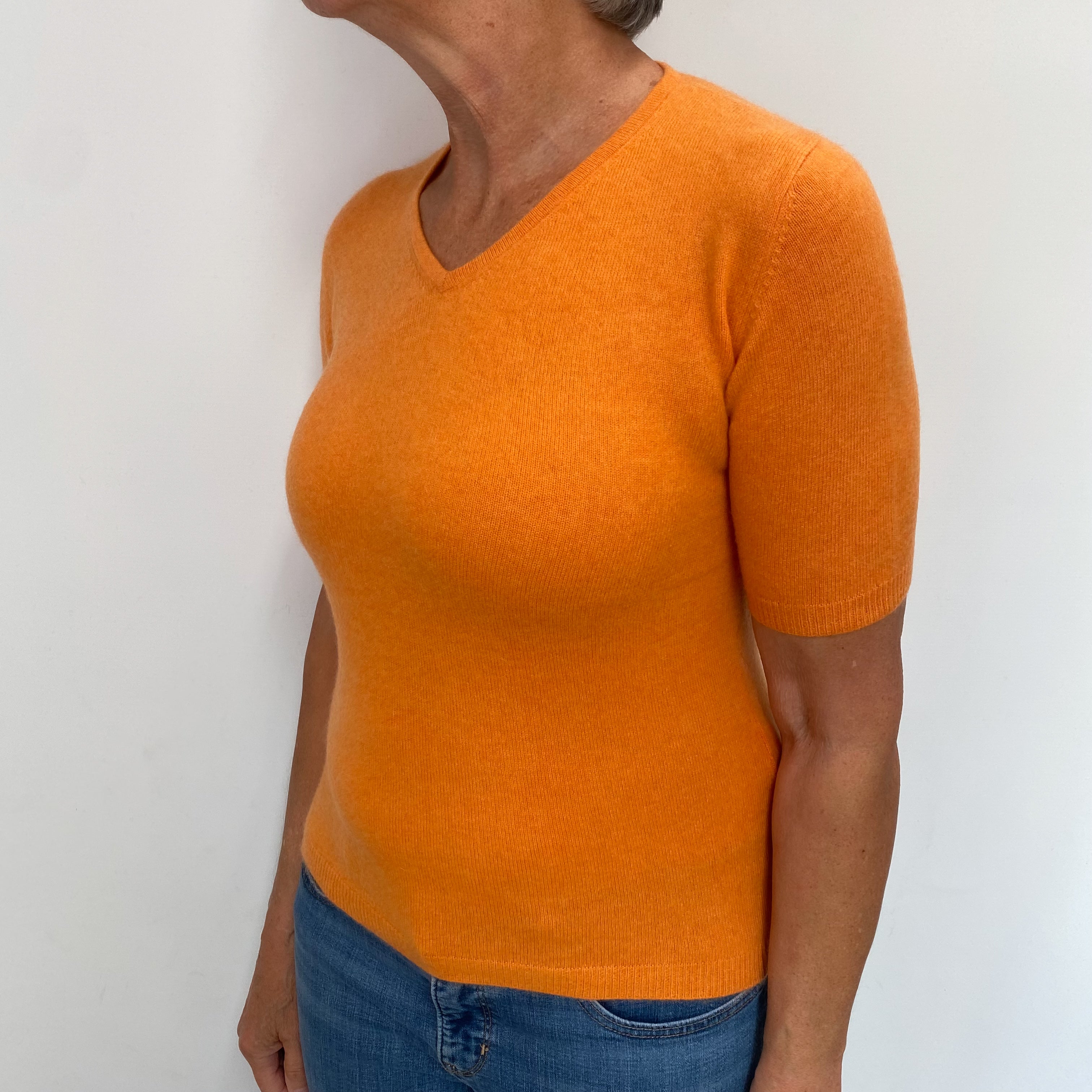Tangerine Orange Cashmere V Neck Short Sleeved Jumper Medium