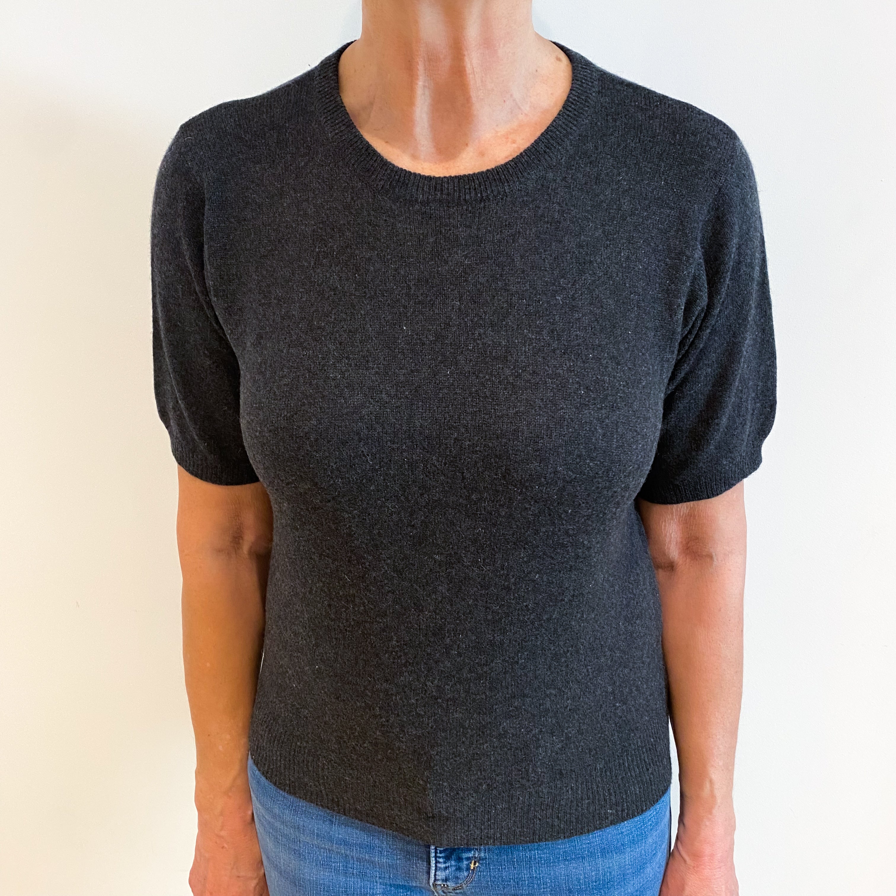 Charcoal Grey Cashmere Crew Neck Short Sleeved Jumper Medium