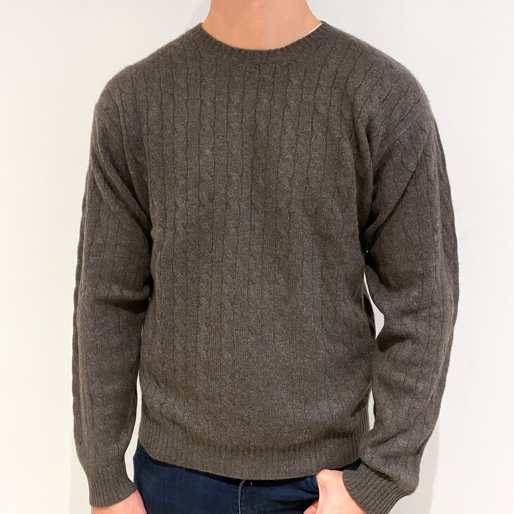 Men's Muted Brown Cable Cashmere Crew Neck Jumper Extra Large