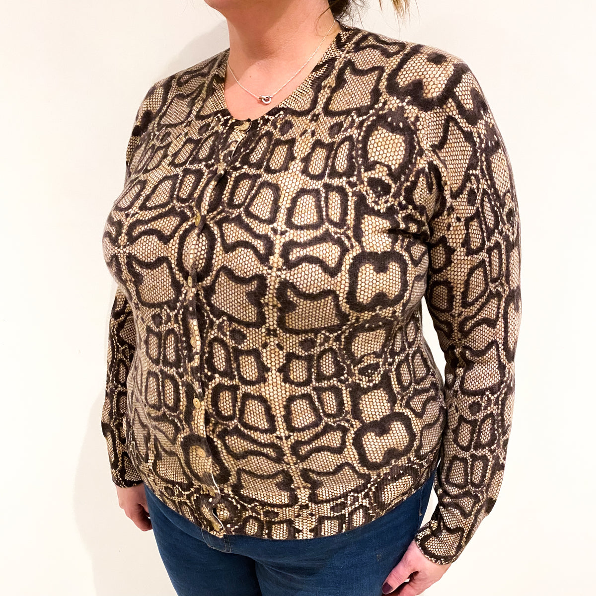 Brown Snake Print Cashmere Crew Neck Cardigan Extra Large