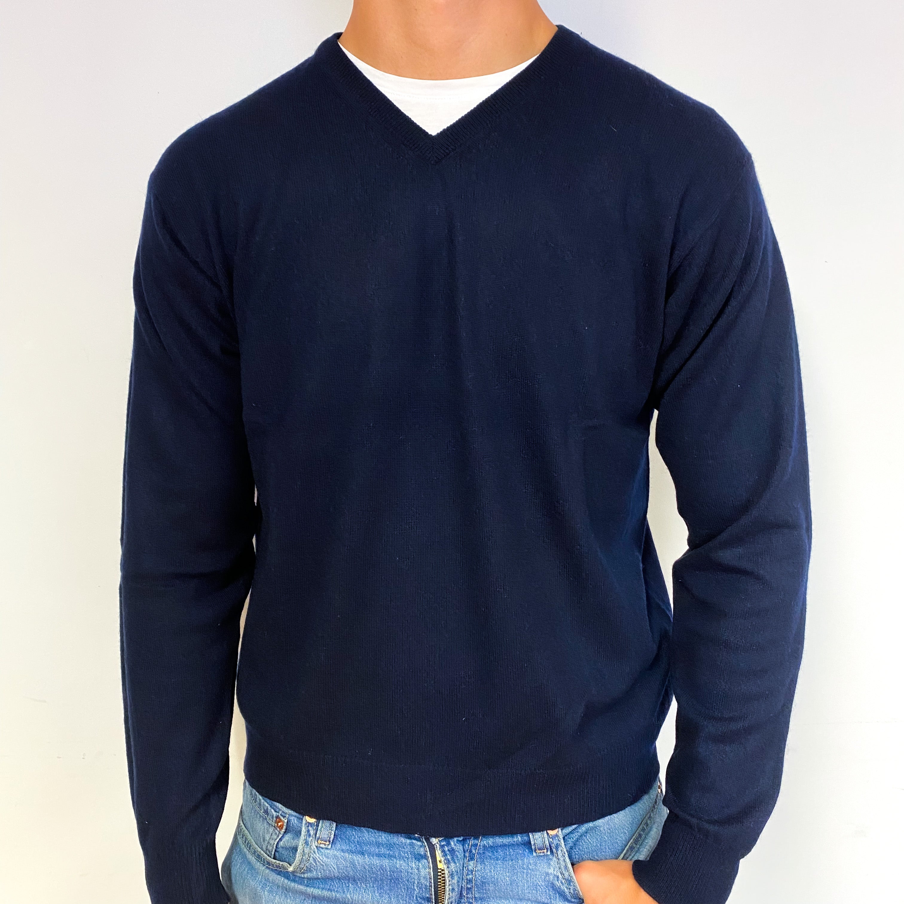 Men's Navy Blue Cashmere V-Neck Jumper Extra Large