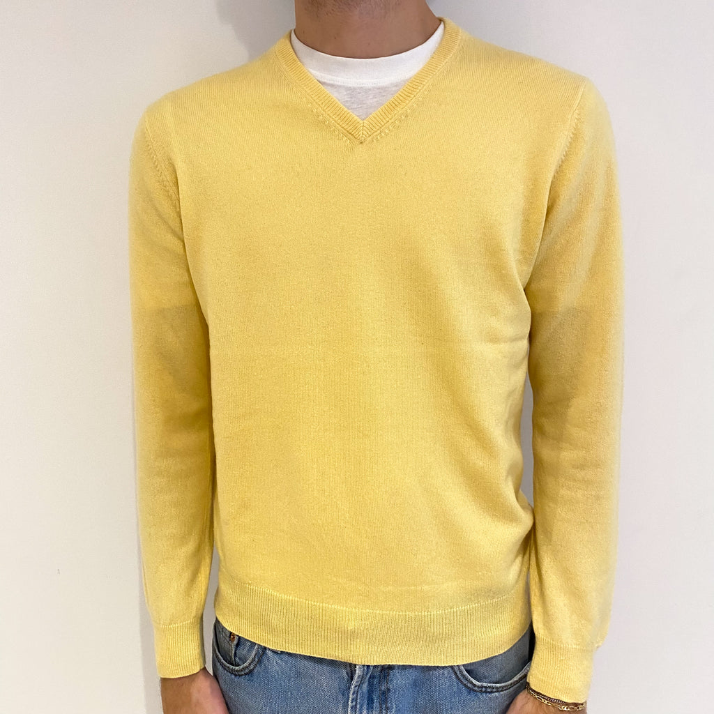Men's Yellow Cashmere V Neck Jumper Large