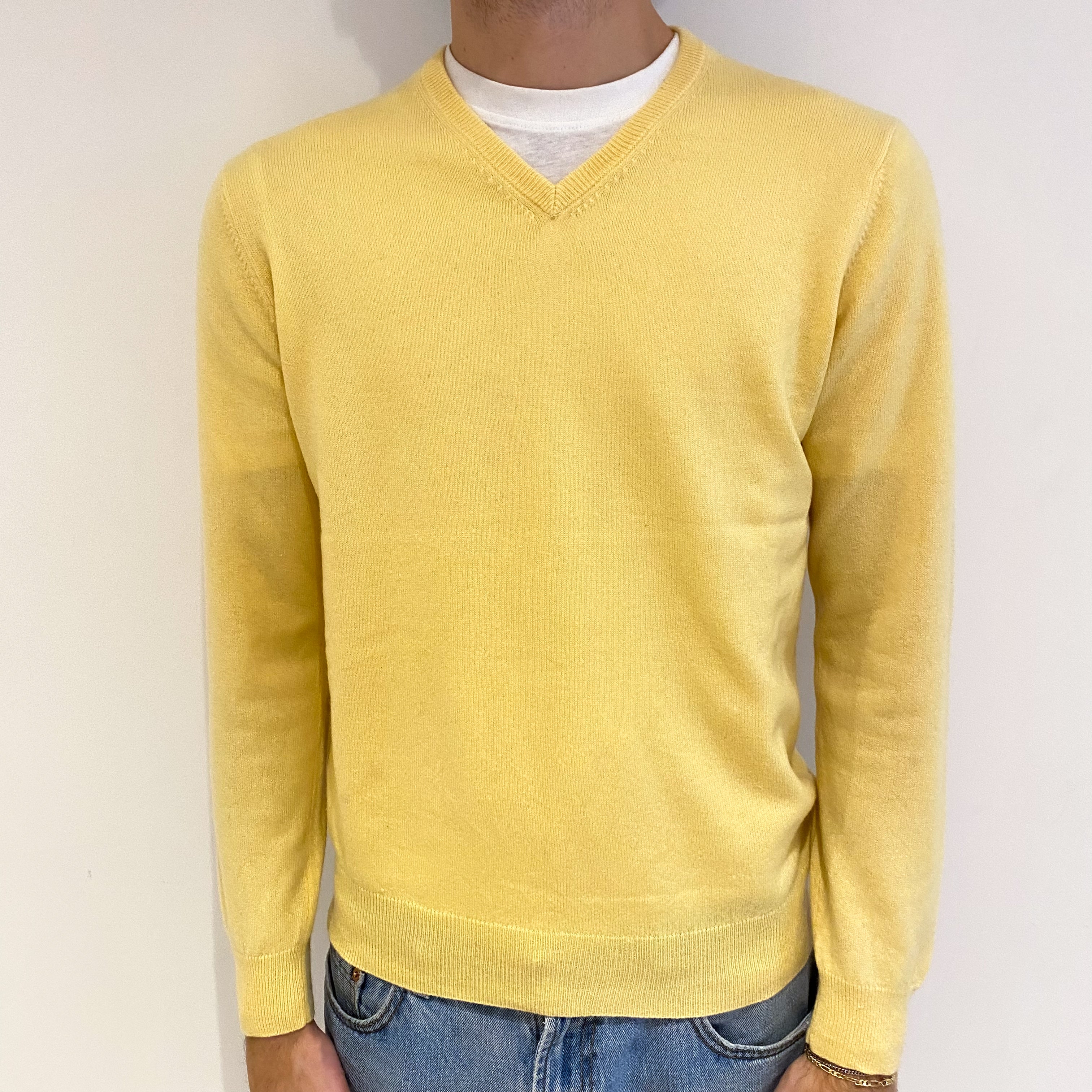 Men's Yellow Cashmere V Neck Jumper Large