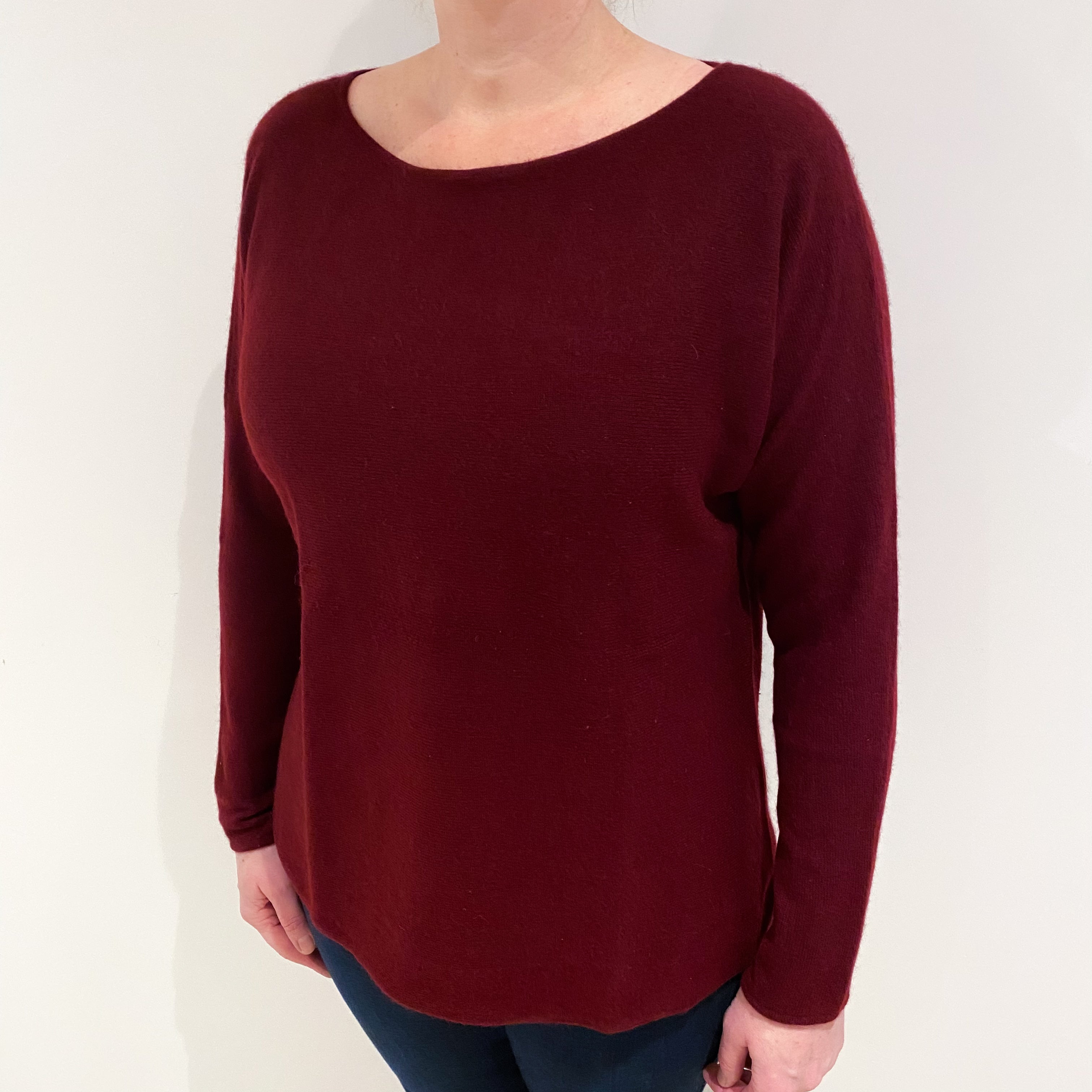 Wine Red Cashmere Batwing Slash Neck Jumper Large