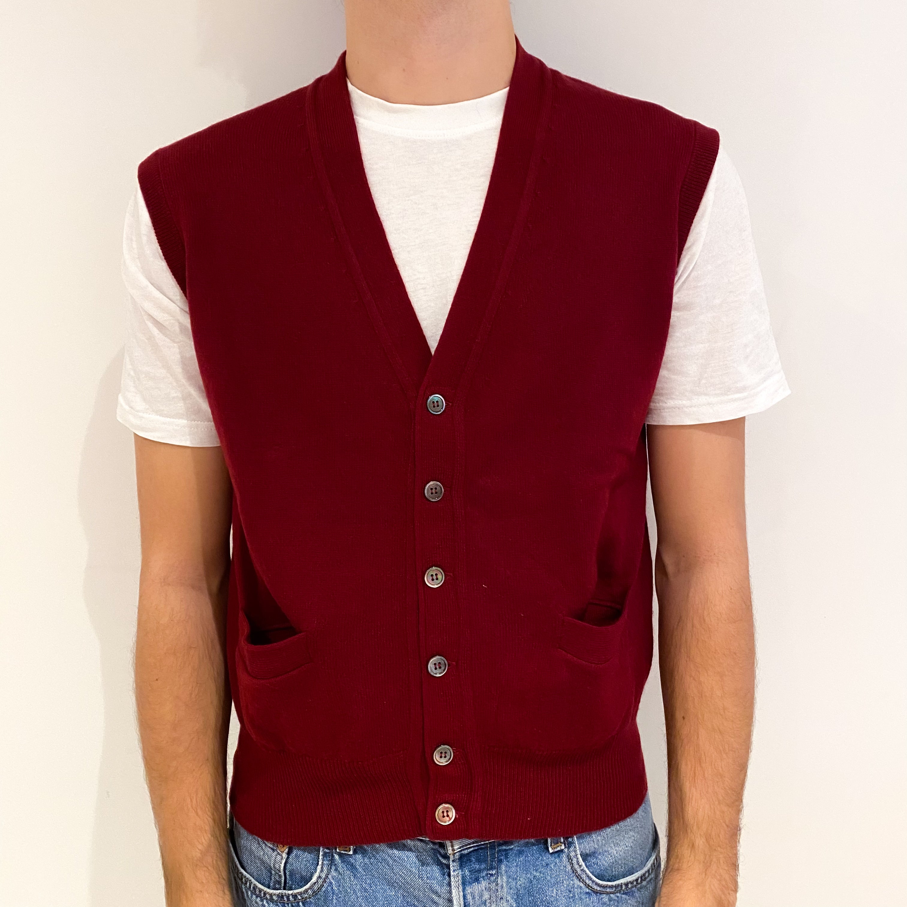 Men's Burgundy Red Cashmere V Neck Gilet with Pockets Medium