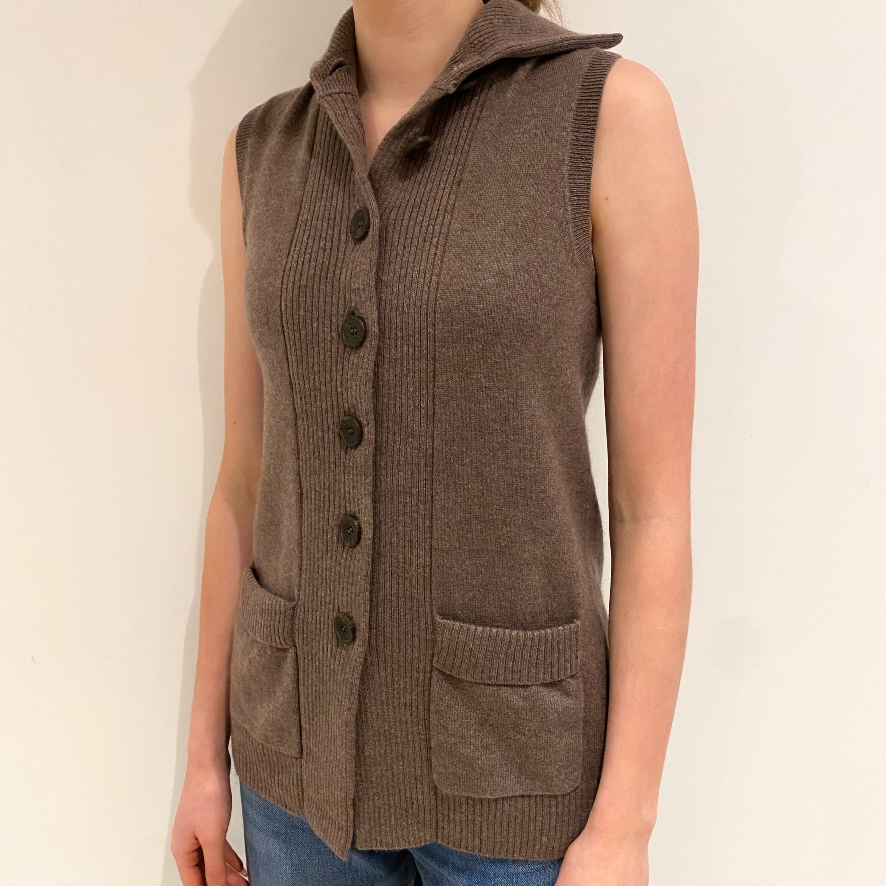 Mocha Brown Cashmere Collared Gilet with Pockets Extra Small