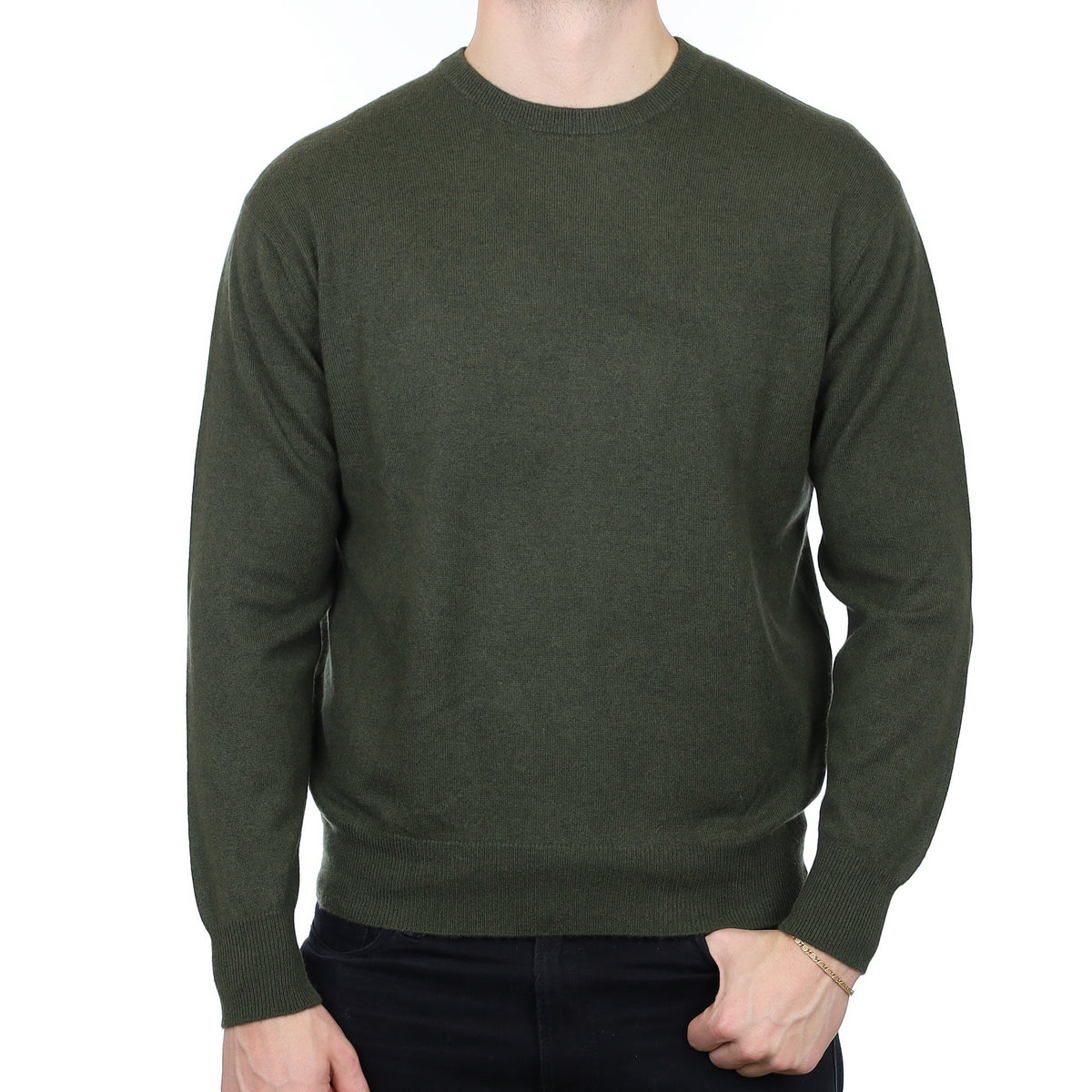 Men’s Khaki Green Cashmere Crew Neck Jumper Extra Large