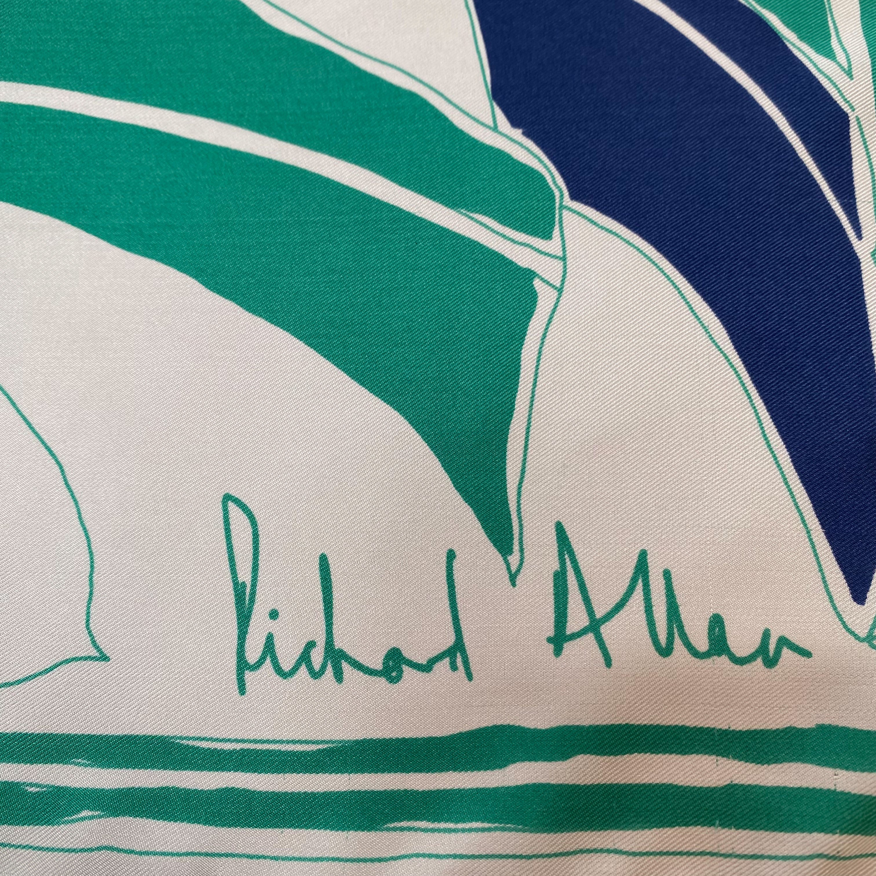 1970s Richard Allan Blue and Green Vintage Silk Scarf
