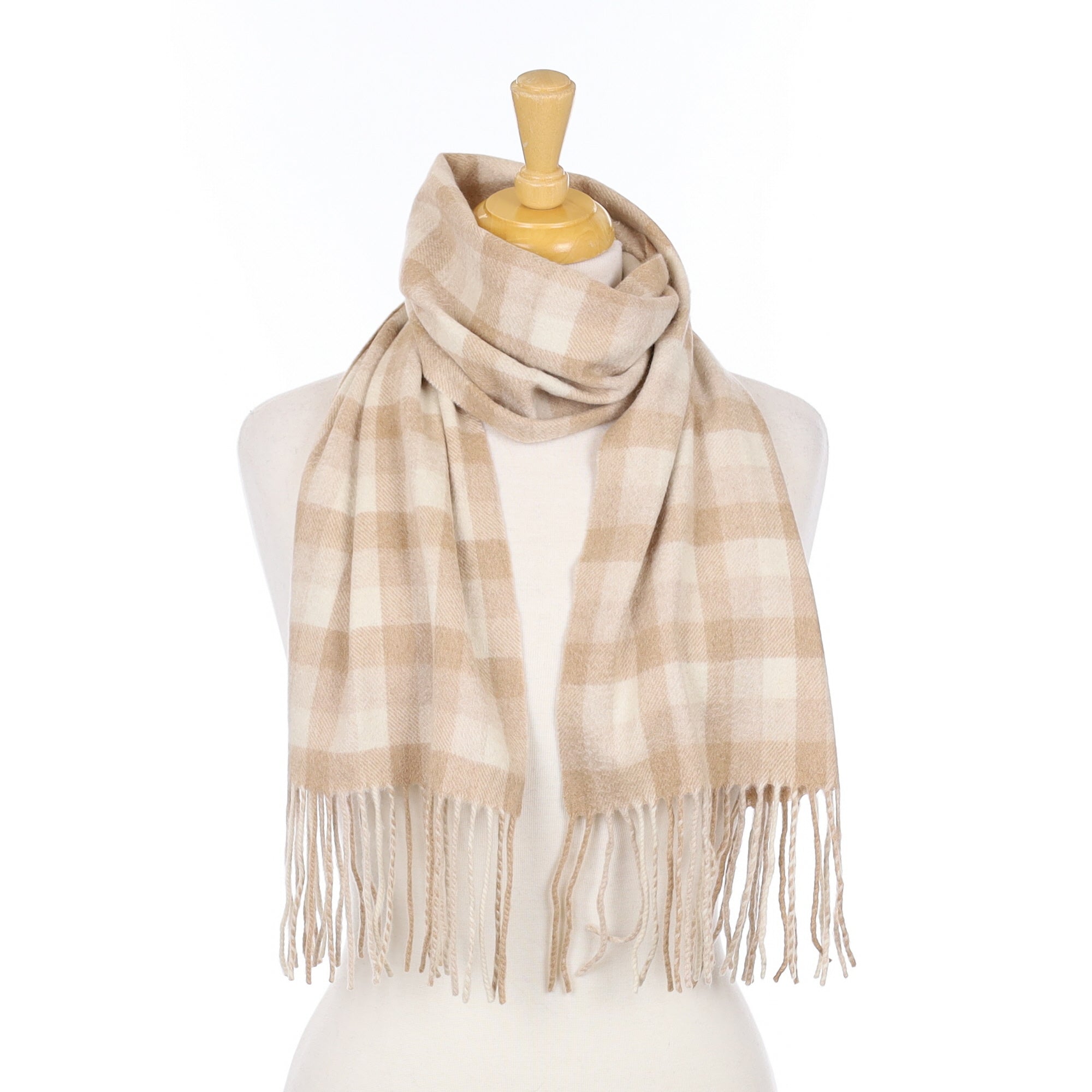 Camel & Cream Check Cashmere Woven Scarf