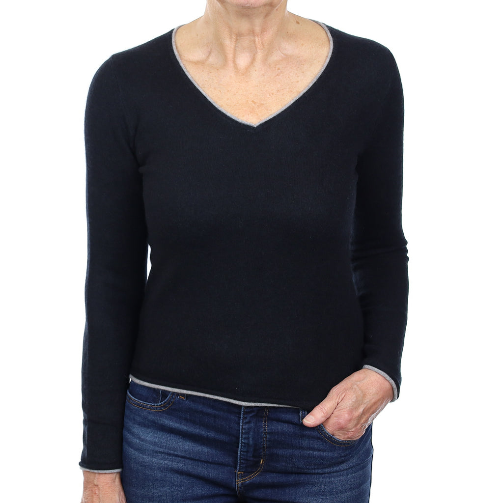 Black Grey Trim Cashmere V Neck Jumper Medium