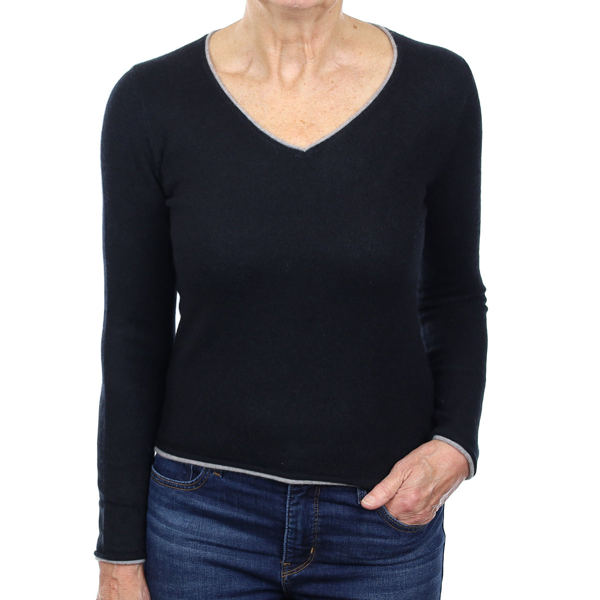 Black Grey Trim Cashmere V Neck Jumper Medium
