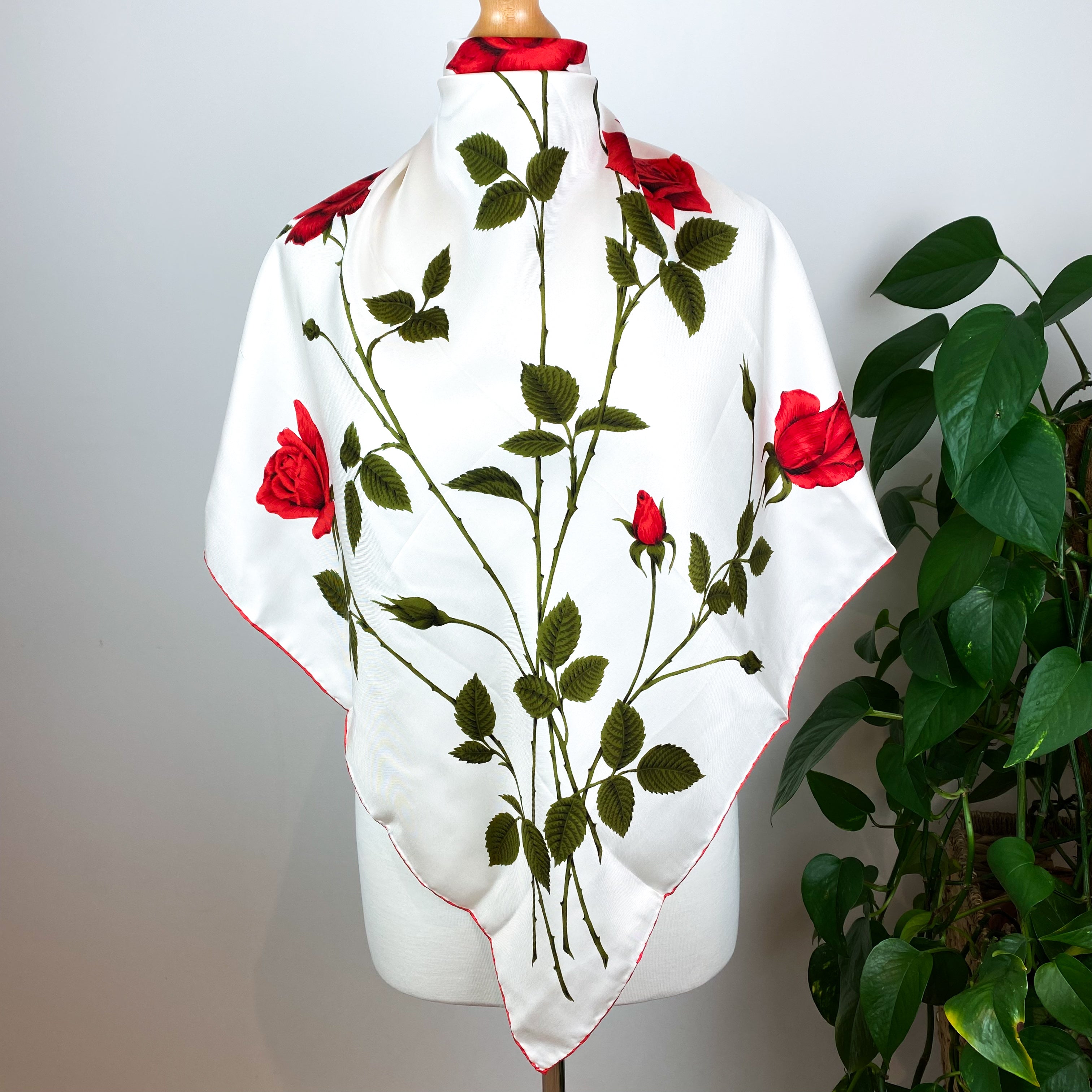 Red and White Floral Italian Vintage Silk Scarf