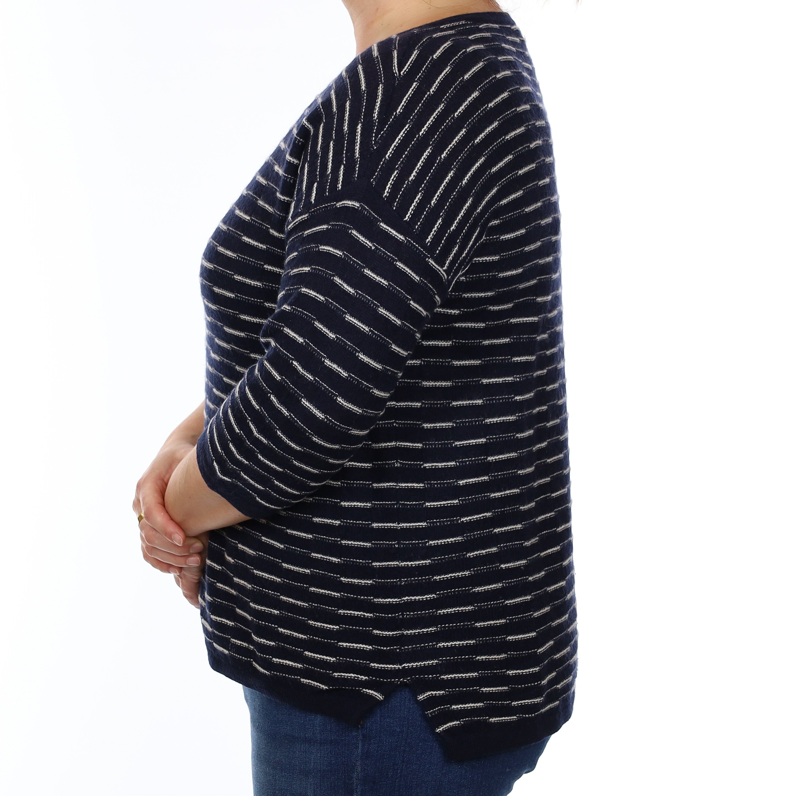 Navy and Ivory Cashmere Boxy Crew Neck Jumper Large