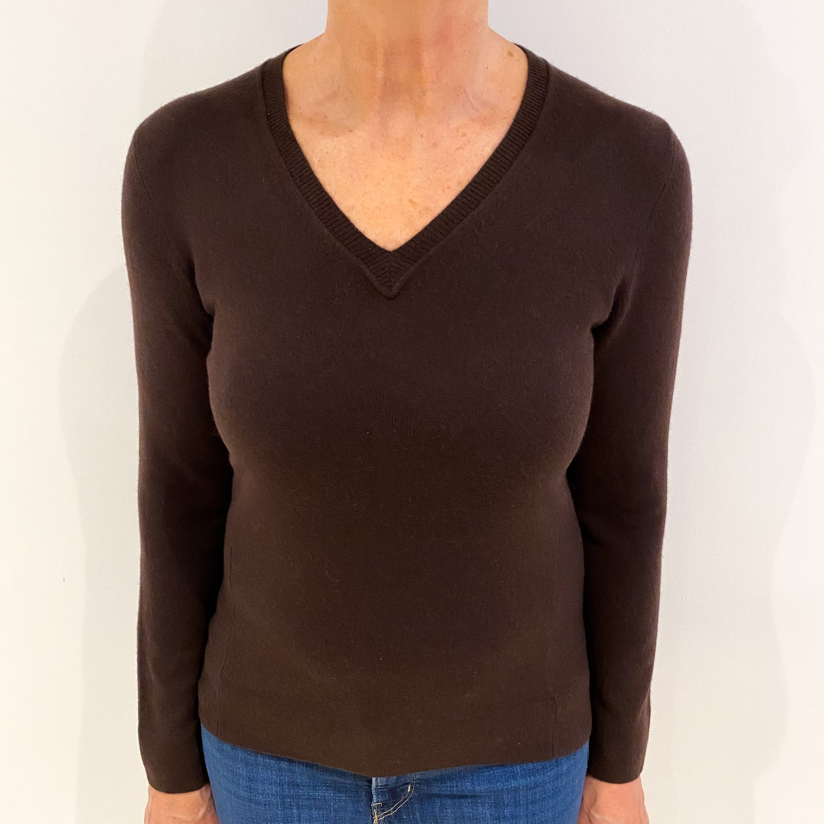 Chocolate Brown Cashmere V Neck Jumper Medium
