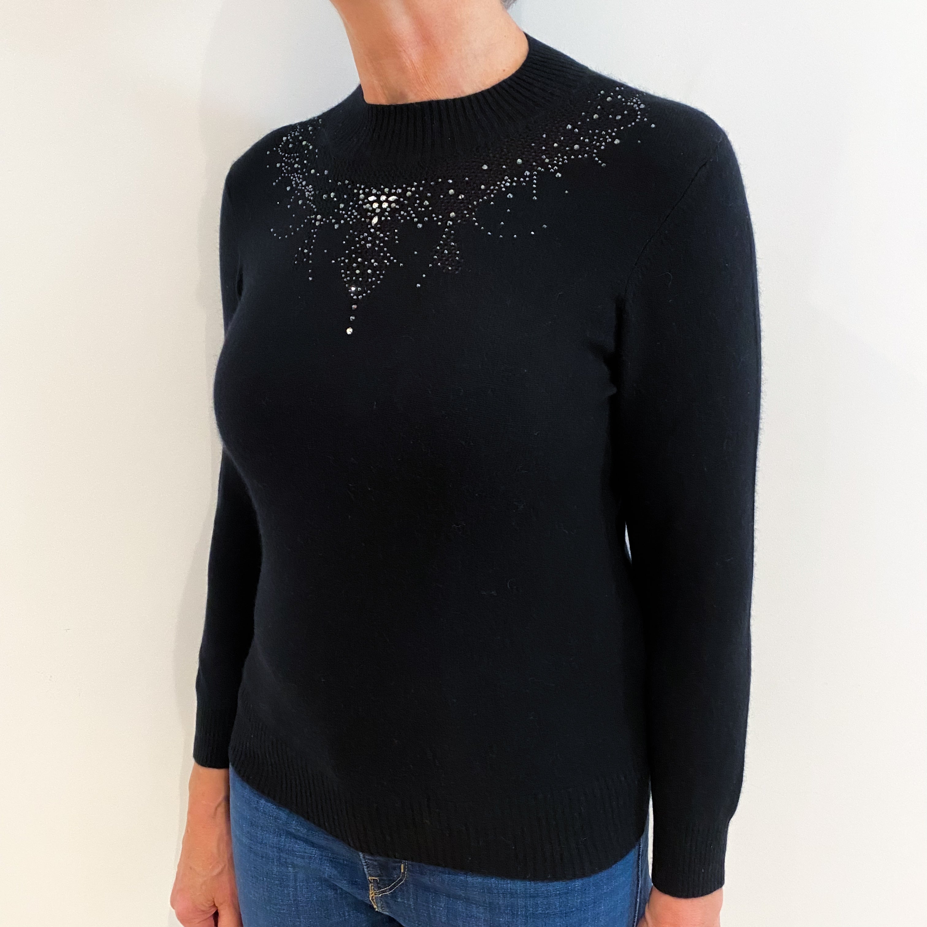 Black Diamanté Cashmere Turtle Neck Jumper Medium Petite