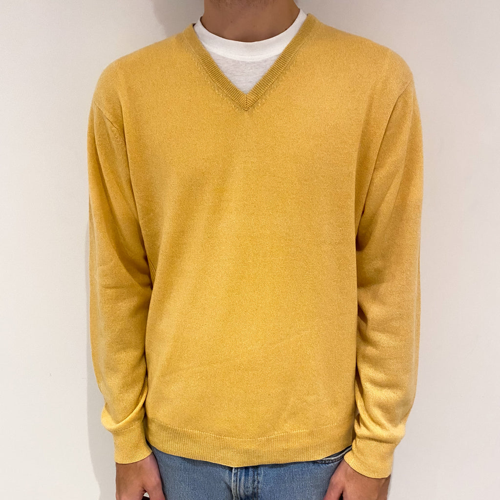 Men's Custard Yellow Cashmere V-Neck Jumper Large