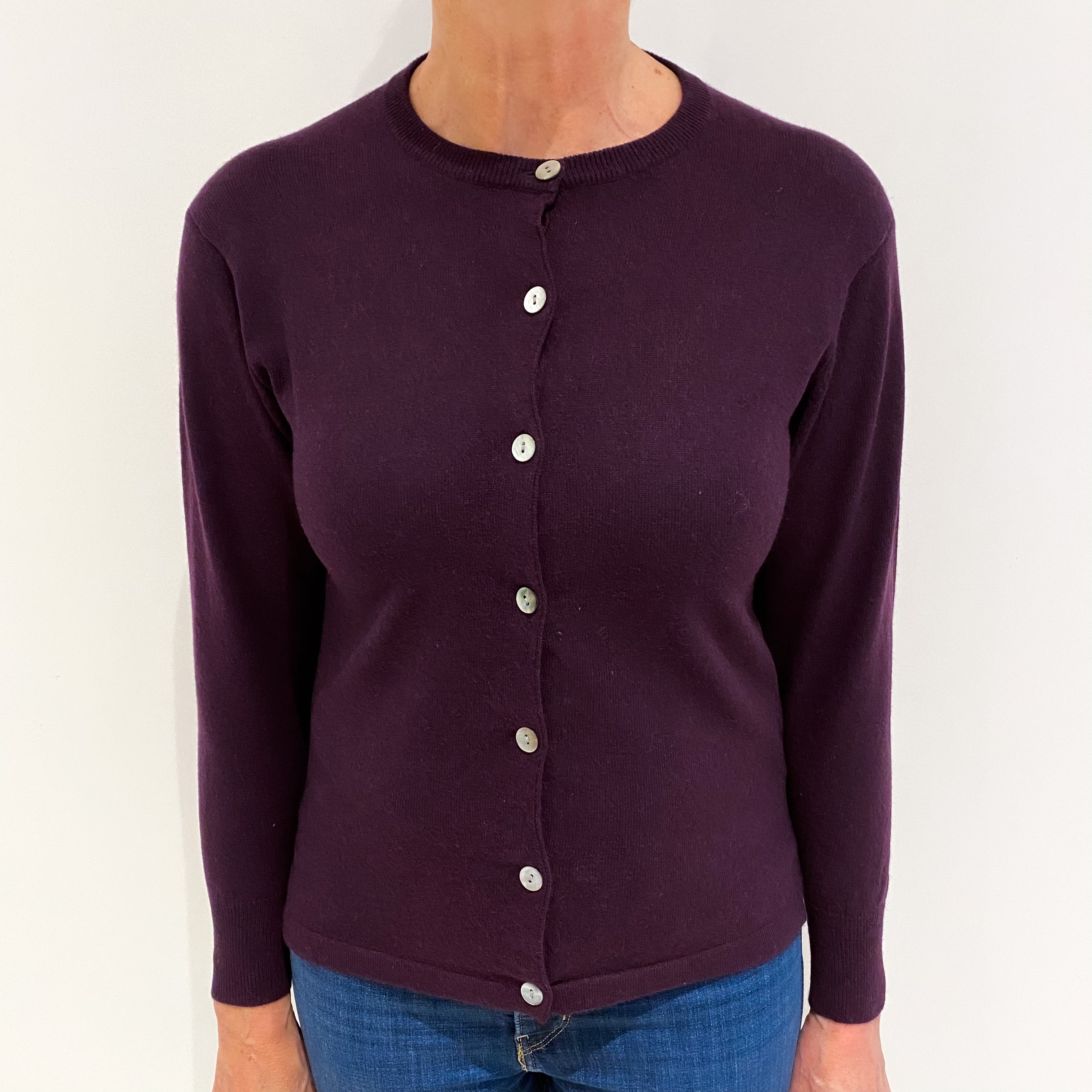 Deep Aubergine Purple Cashmere Crew Neck Cardigan Medium