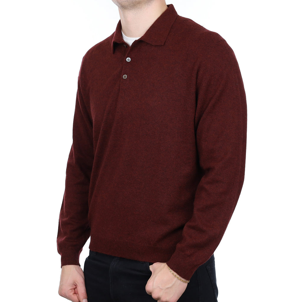 Men’s Wine Red Cashmere Collared 1/4 Button Extra Large