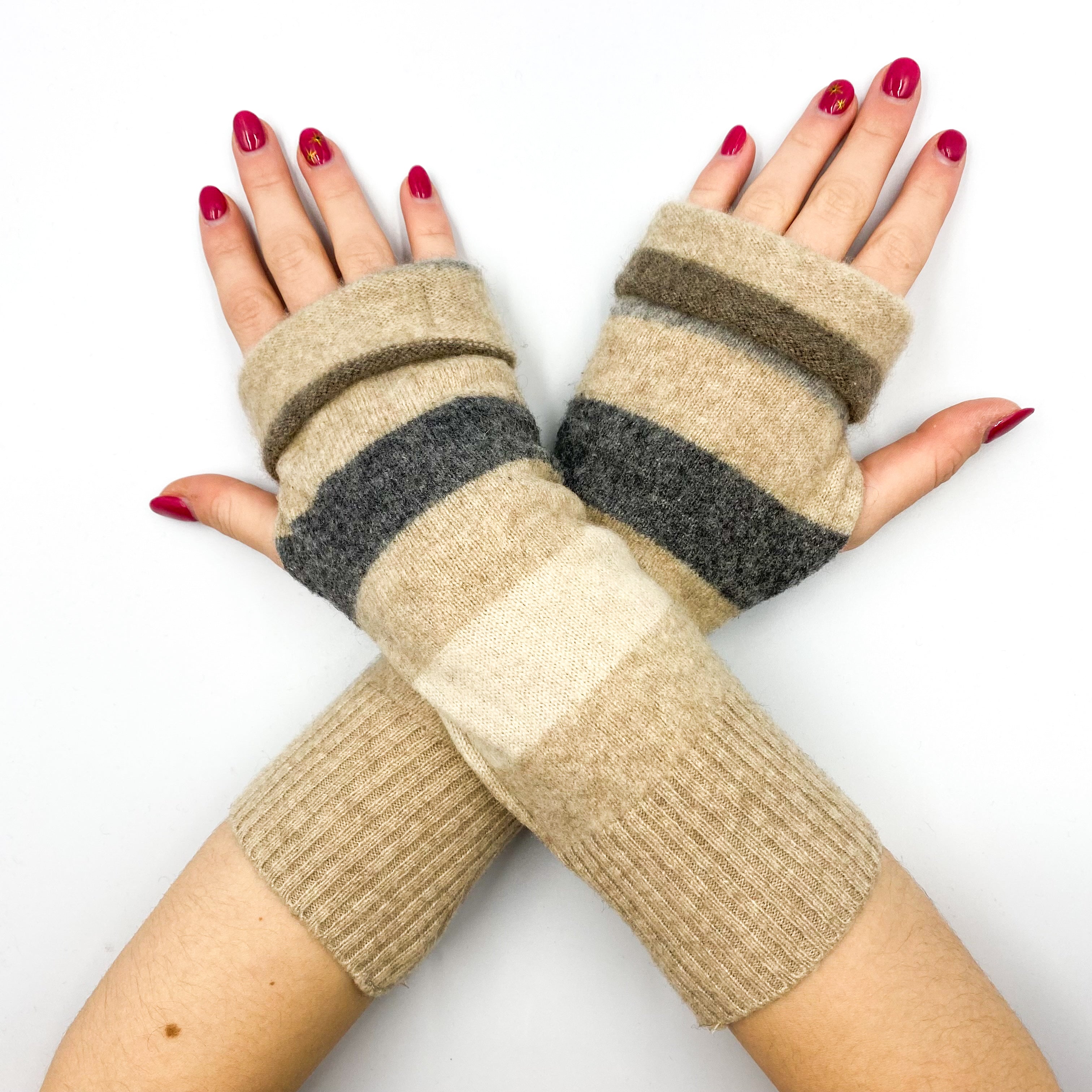 Beige and Grey Stripe Fingerless Gloves