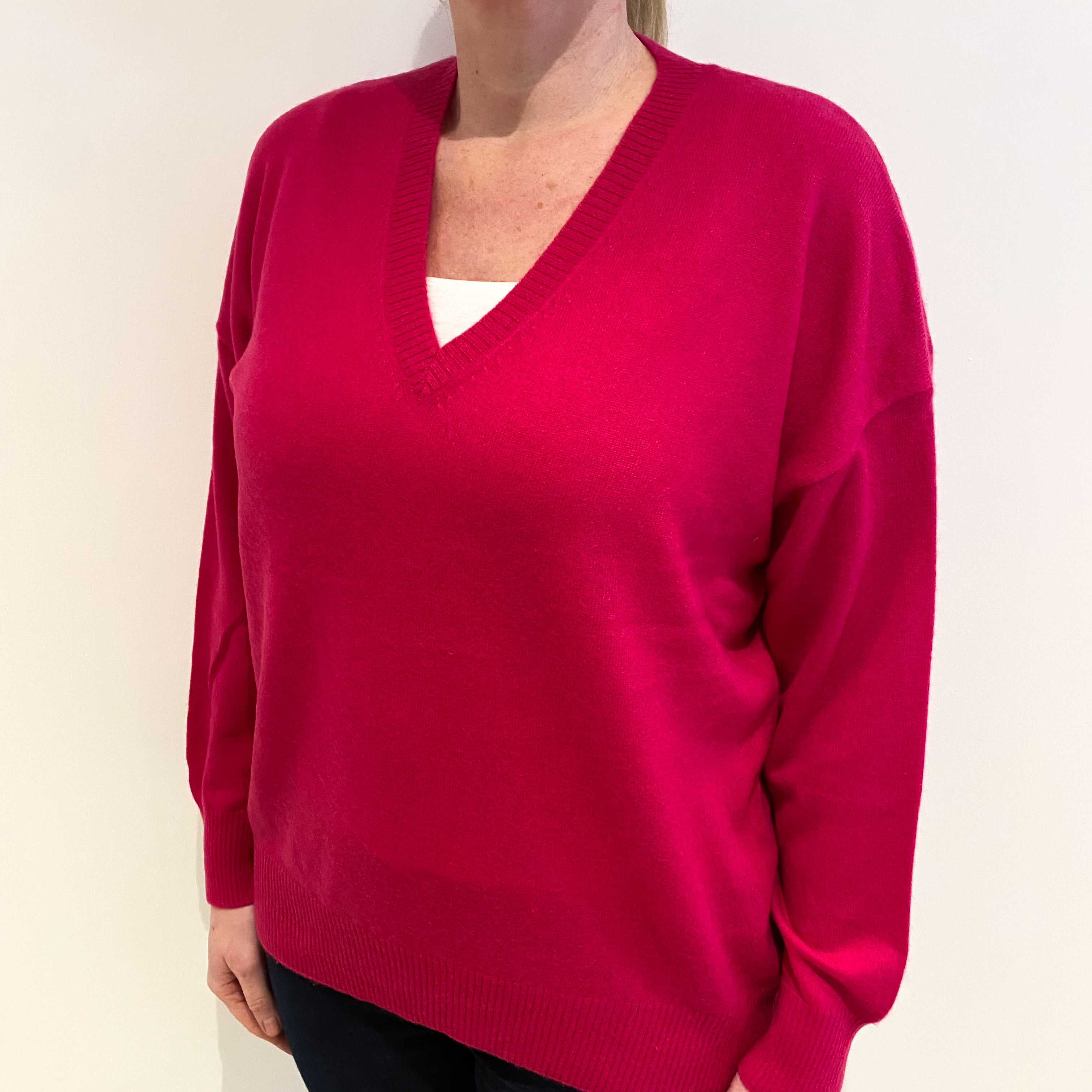 Cherry Pink Cashmere V Neck Jumper Large