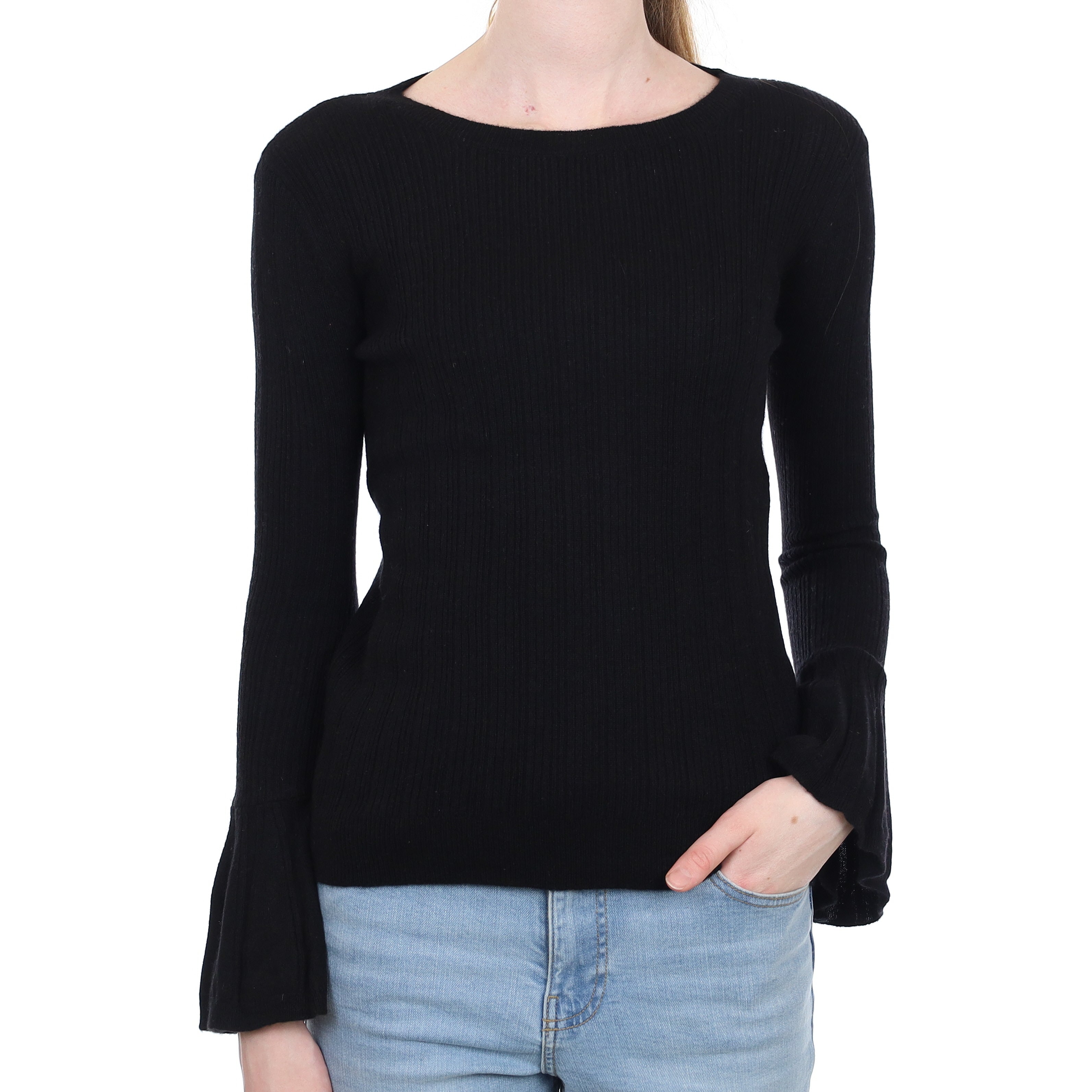 Black Flared Sleeve Cashmere Crew Neck Jumper Extra Small