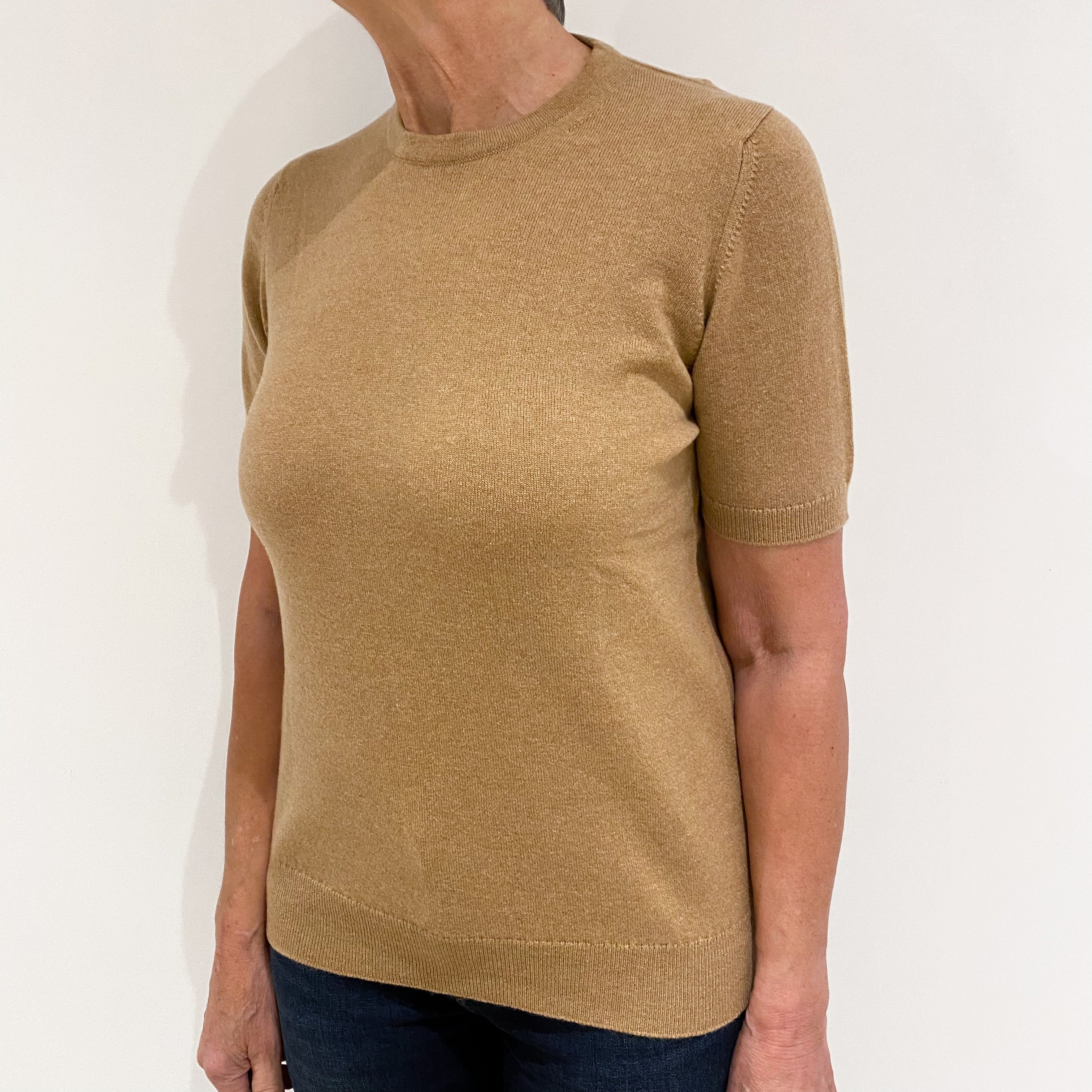 Brand New Scottish Caramel Brown Short Sleeved Cashmere Crew Neck Jumper XS