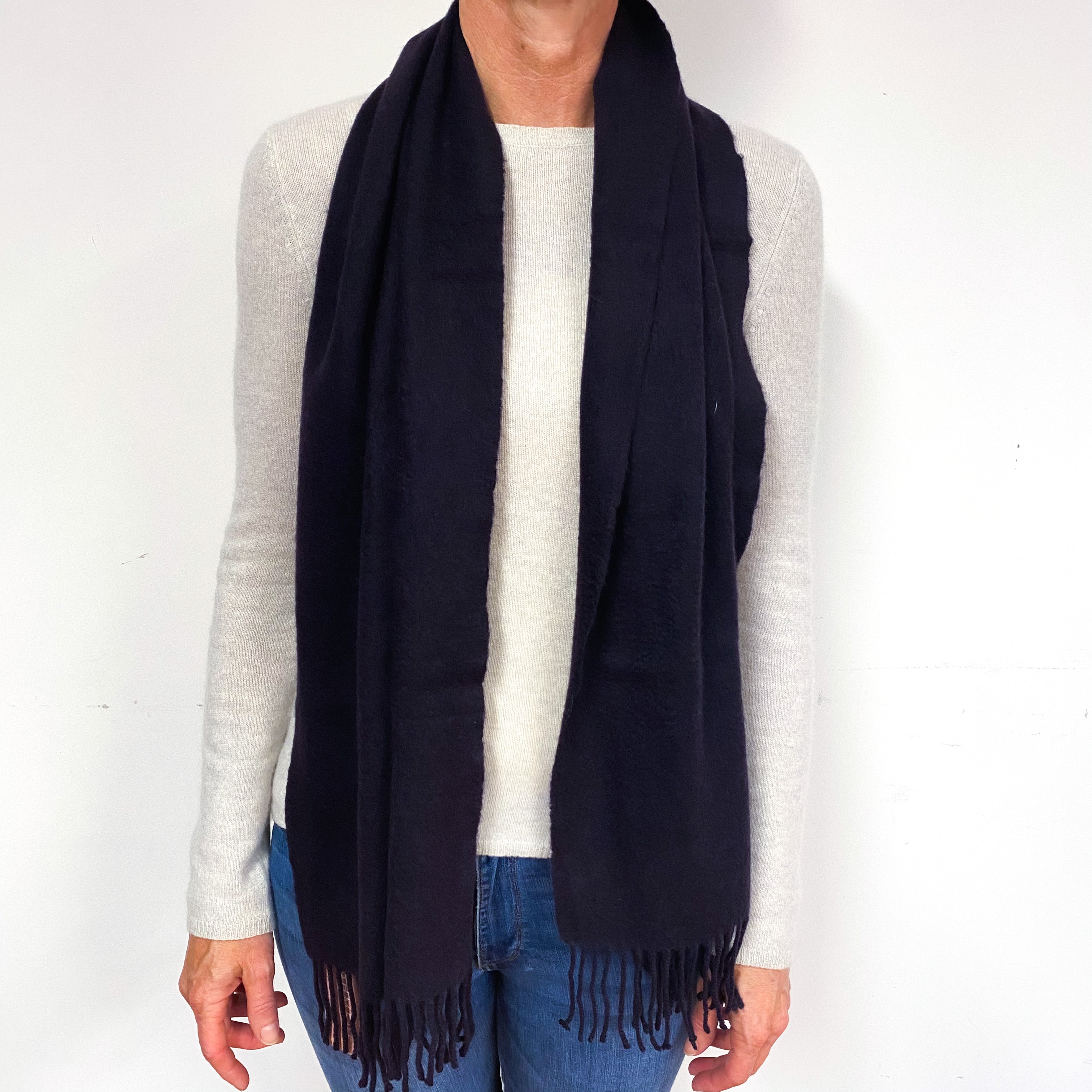 Deep Blueberry Purple Fringed Cashmere Woven Scarf