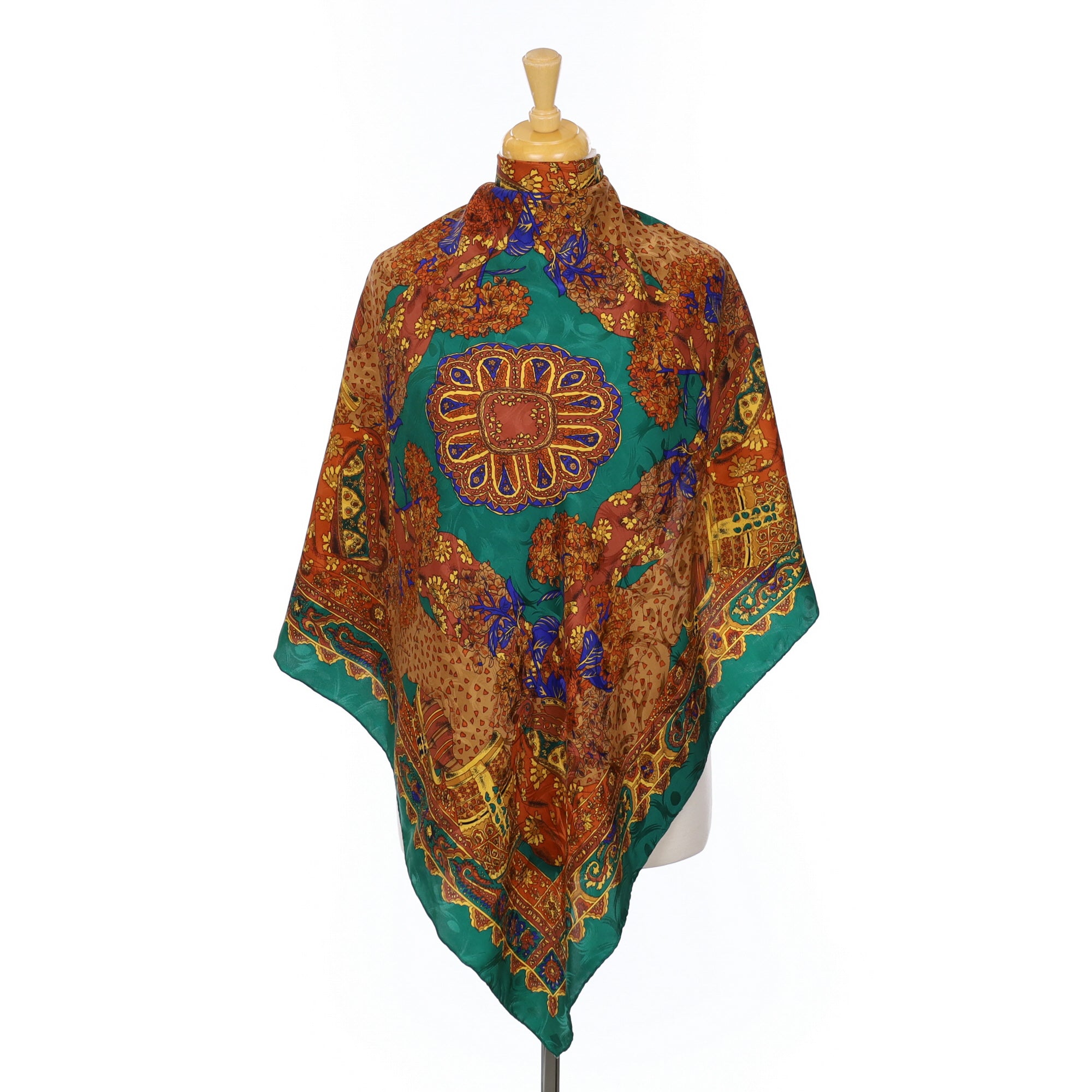 Traditional Green and Orange Vintage Silk Scarf