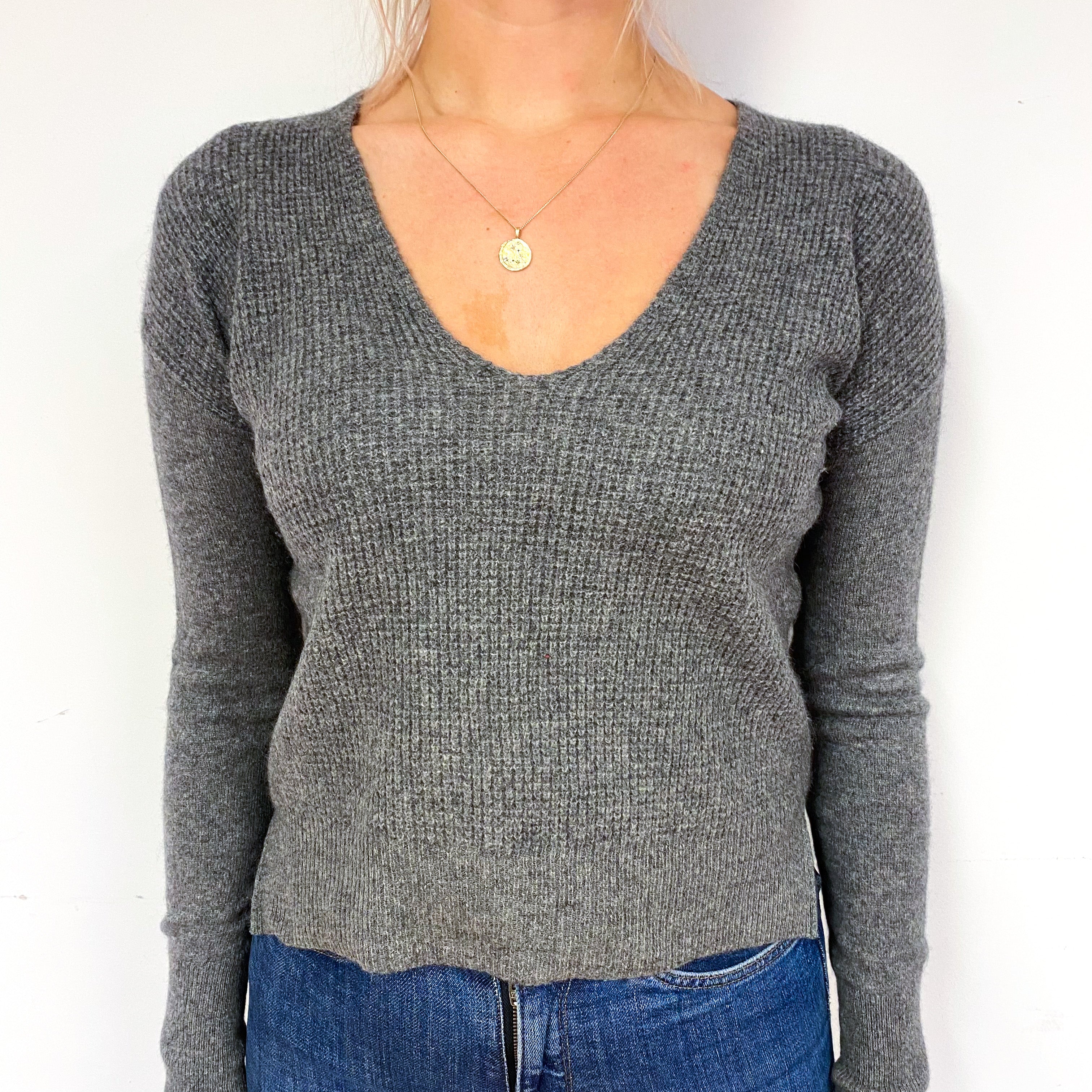 Slate Grey Waffle Knit Cashmere V-Neck Jumper Small