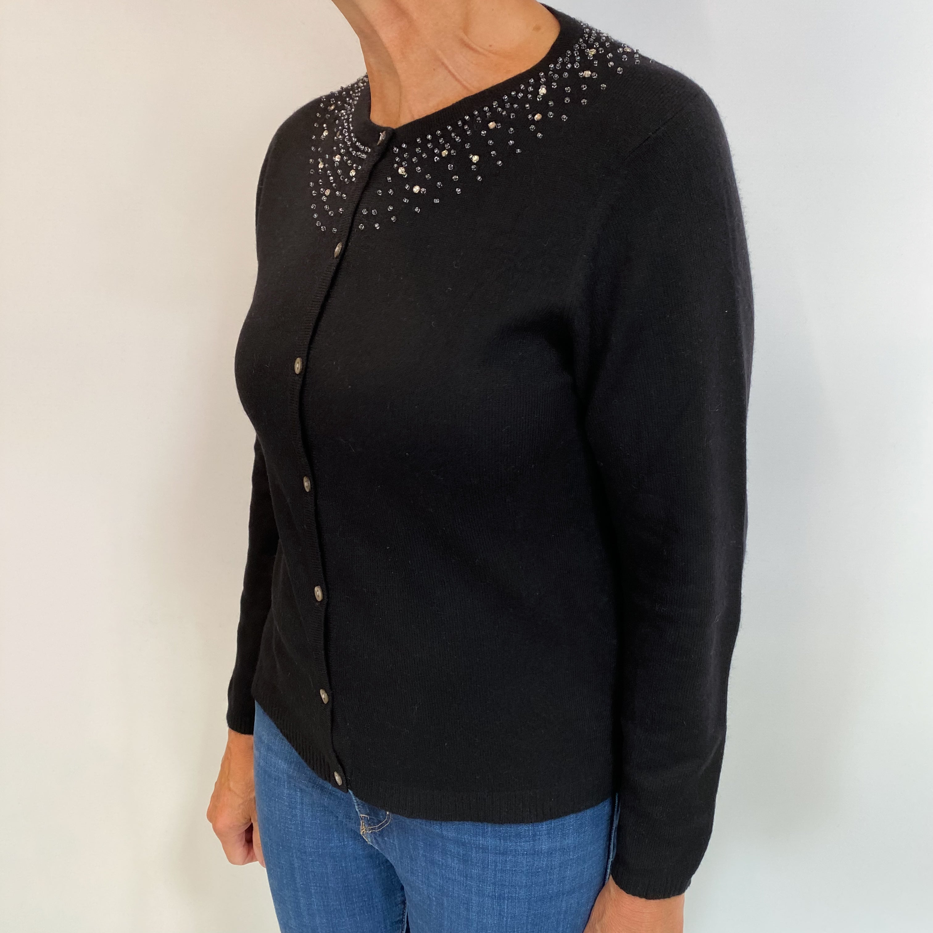 Black Embellished Cashmere Crew Neck Cardigan Medium