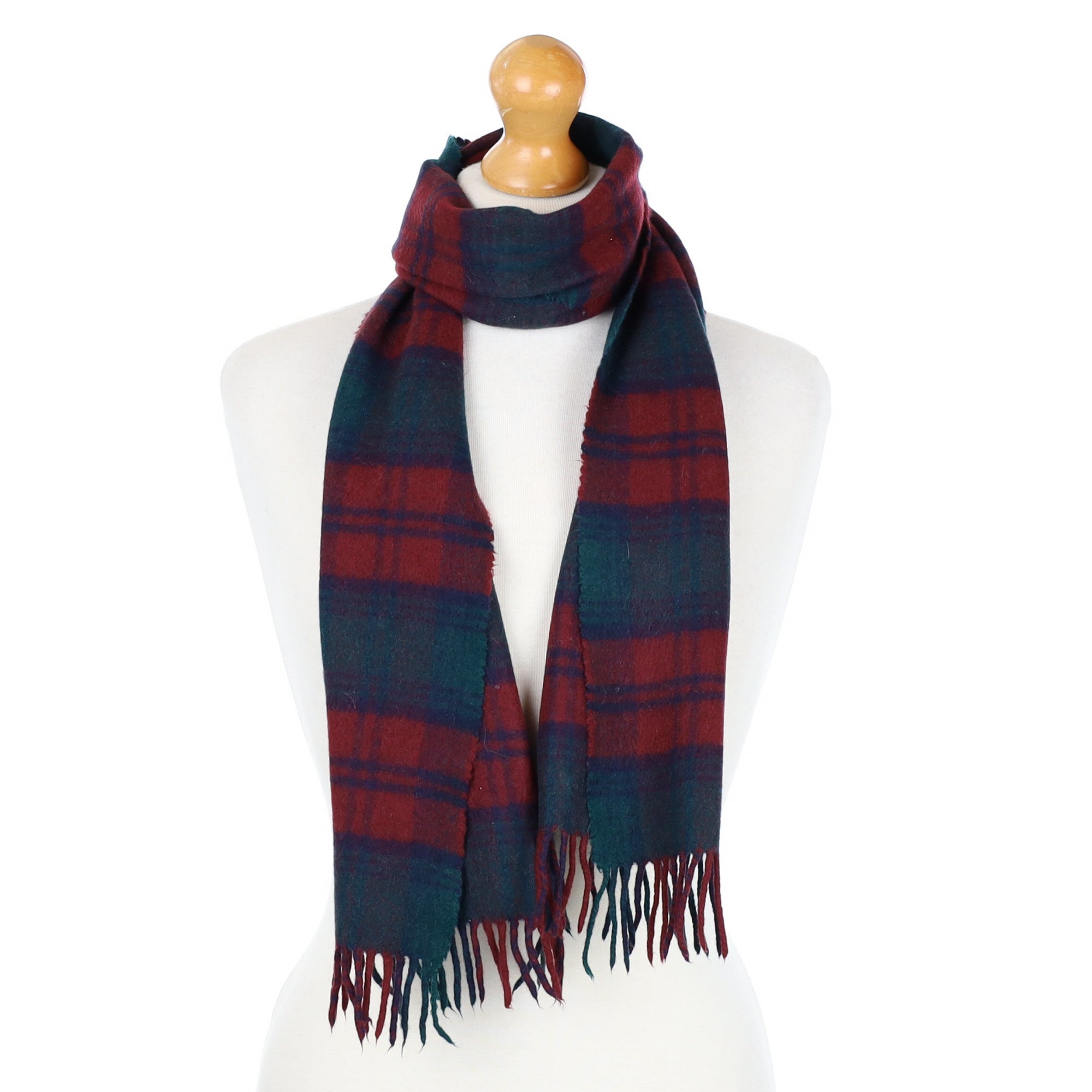 Red and Bottle Green Tartan Cashmere Fringed Woven Scarf