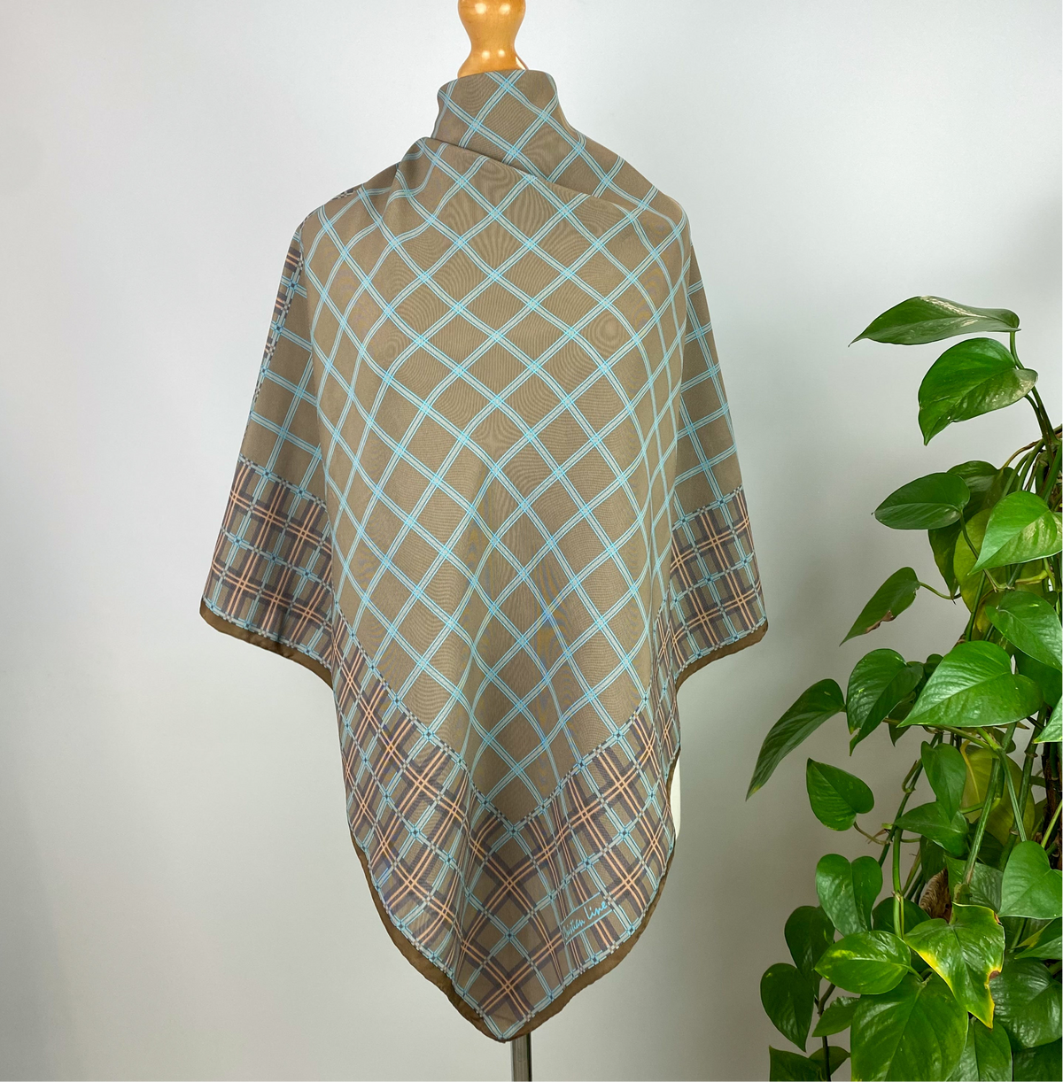 Beige and Turquoise Check Crepe Silk Scarf
