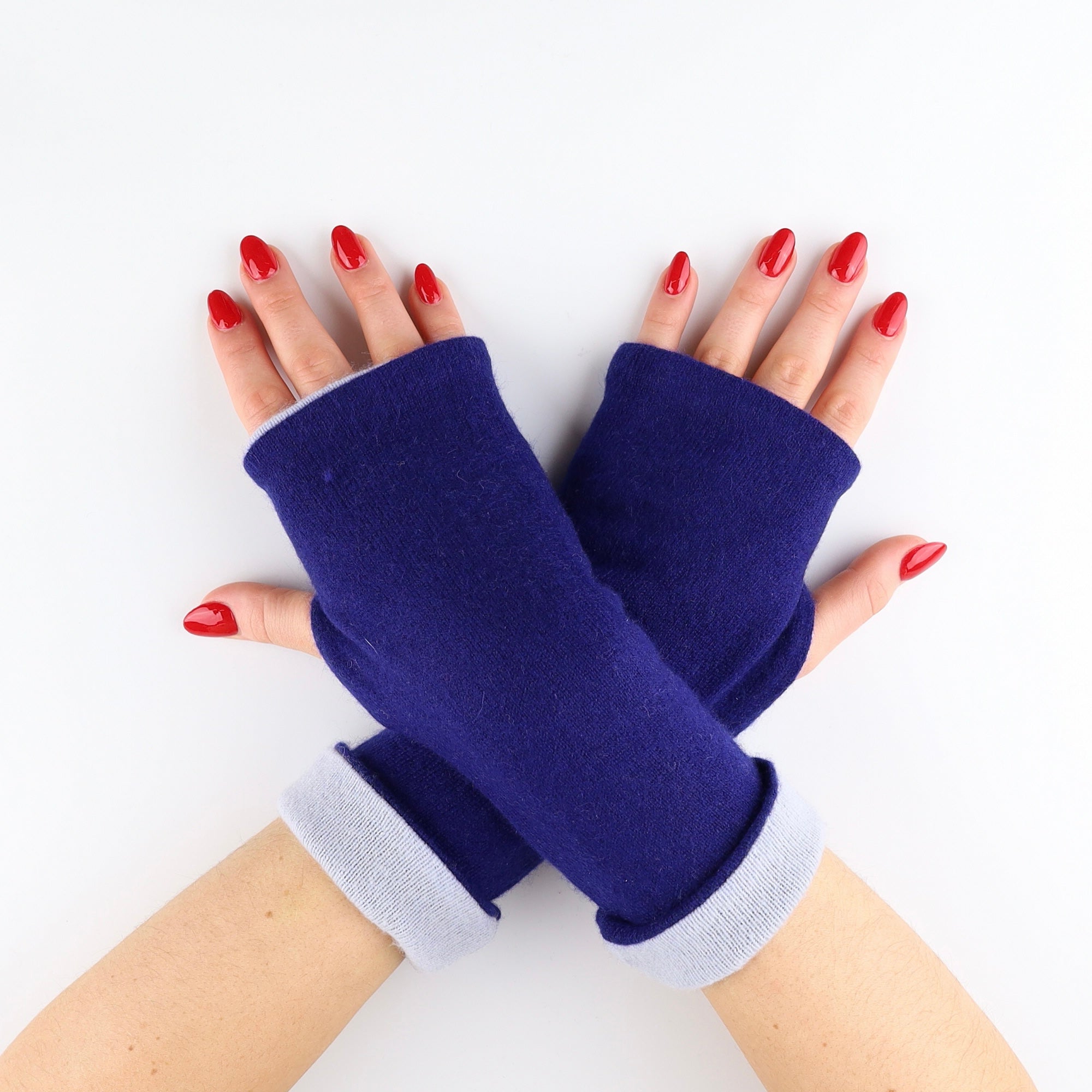 Royal and Pale Blue Luxury Reversible Cashmere Fingerless Gloves